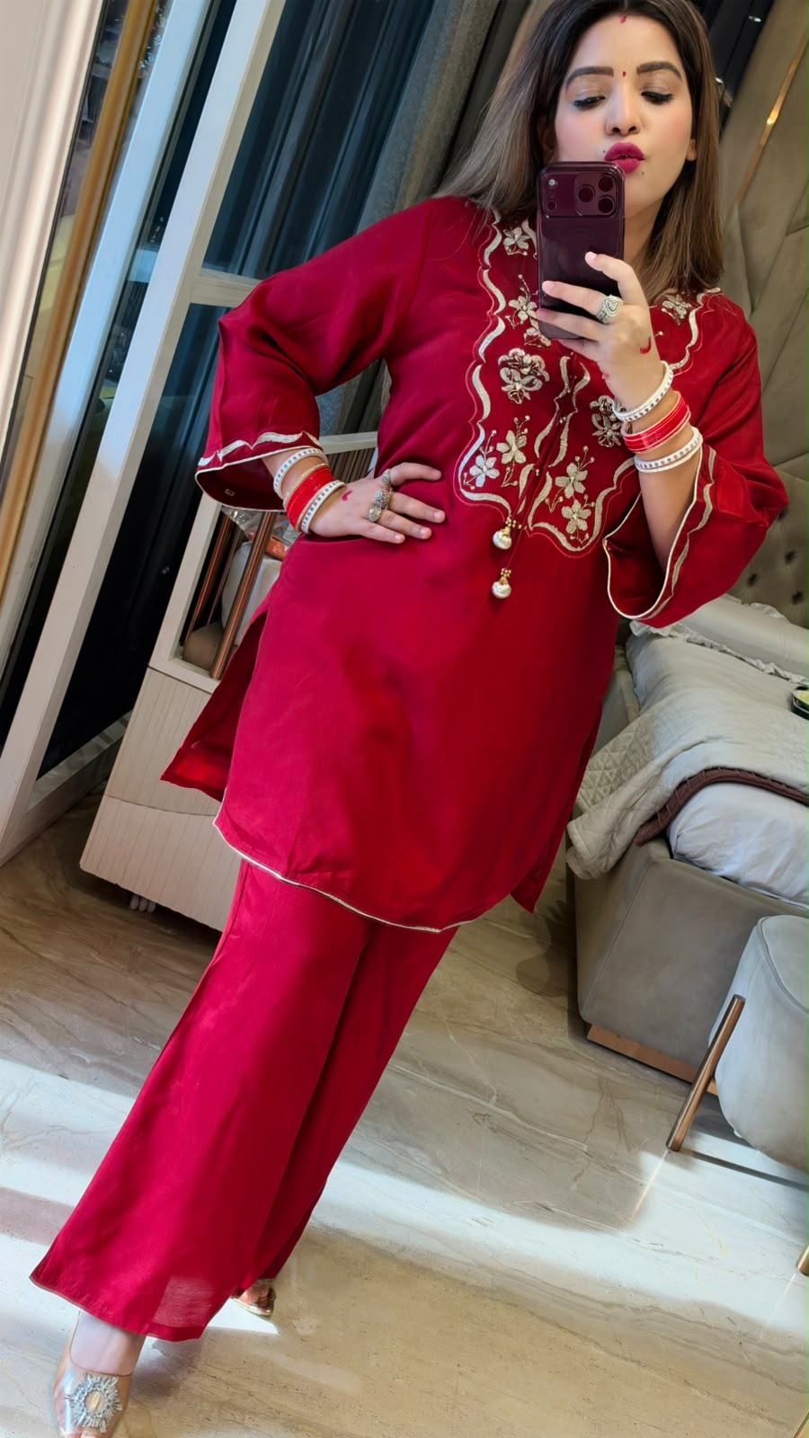 Noorvya Maslin Cord Set- Maroon