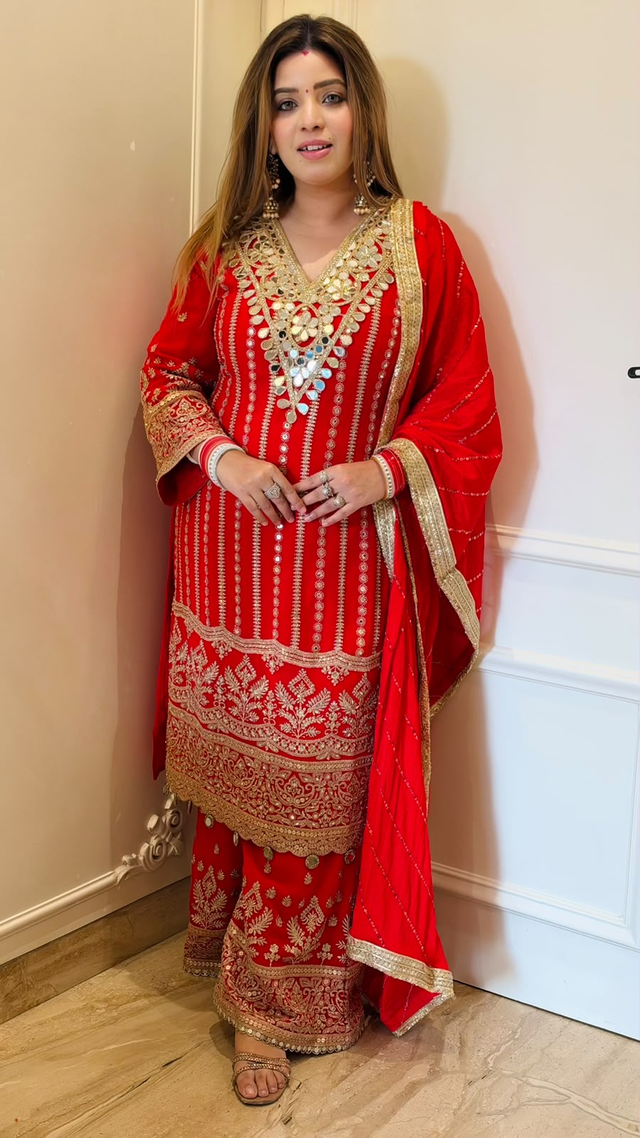 Bhavini Chinnon Suit Set- Red