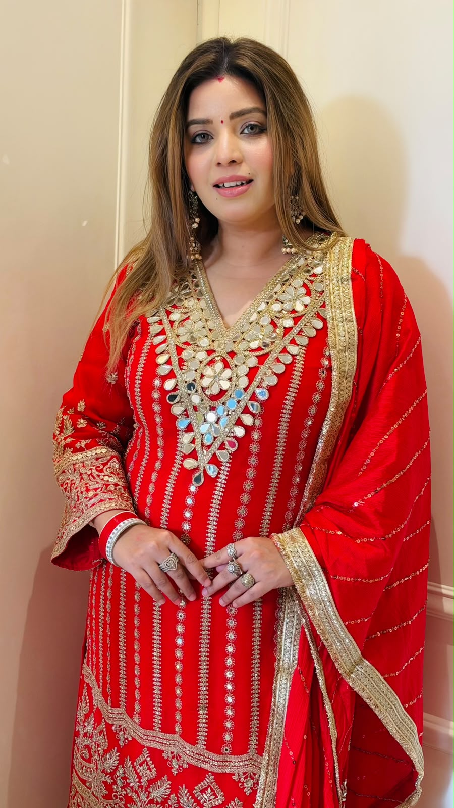 Bhavini Chinnon Suit Set- Red