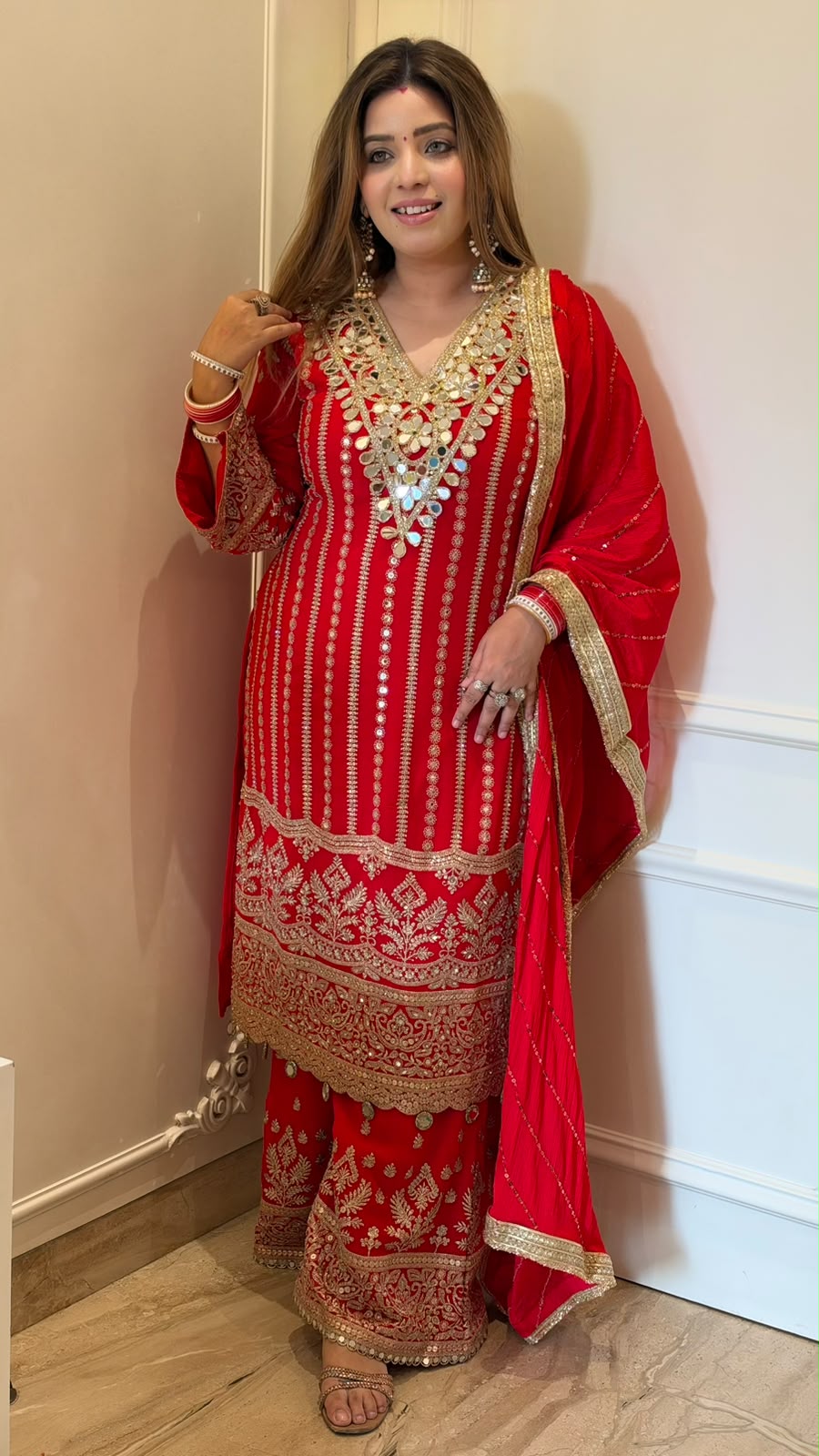 Bhavini Chinnon Suit Set- Red