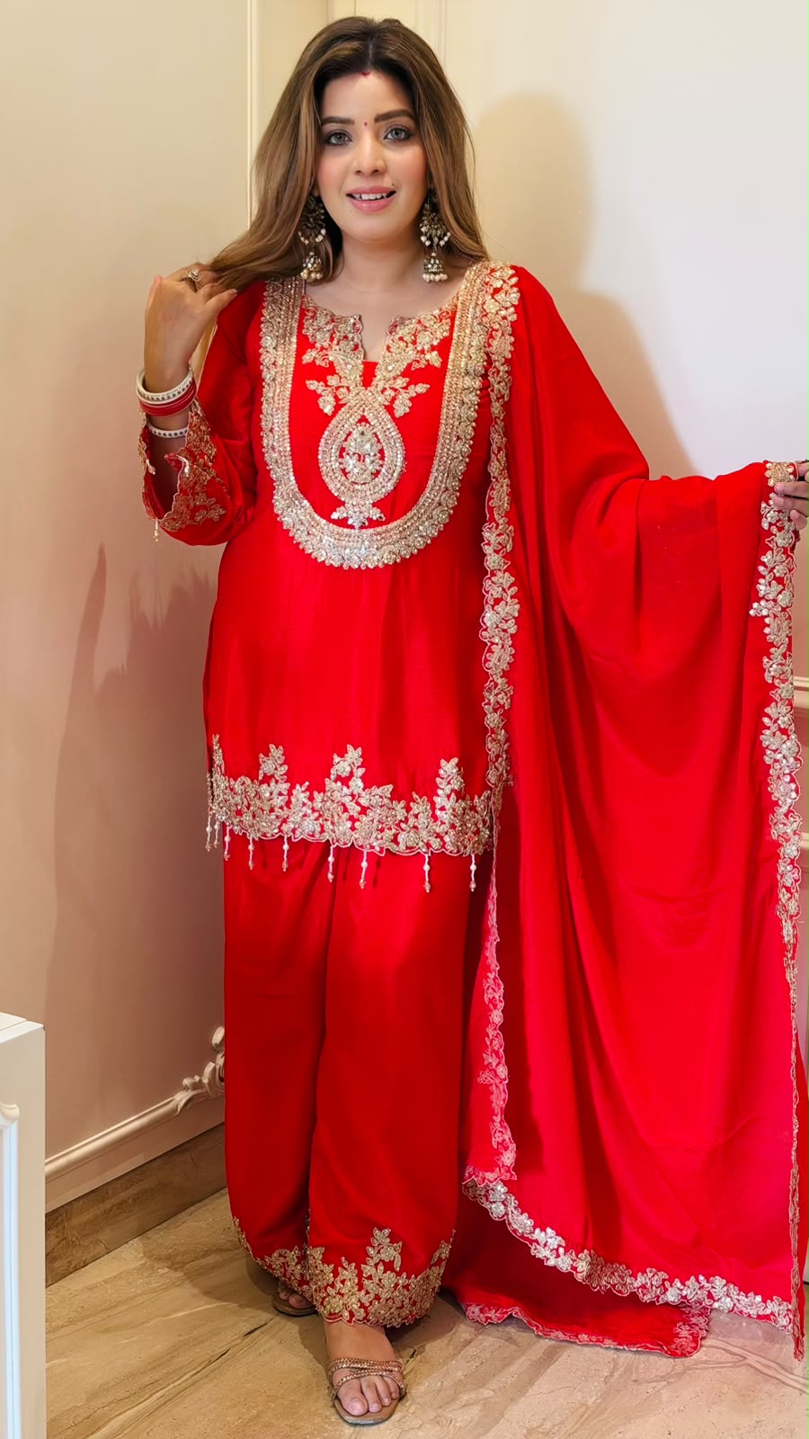 Hiral Chinnon Plazo Suit Set- Red