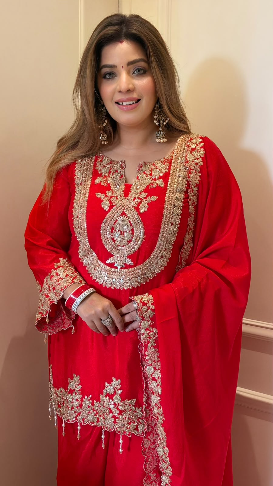 Hiral Chinnon Plazo Suit Set- Red