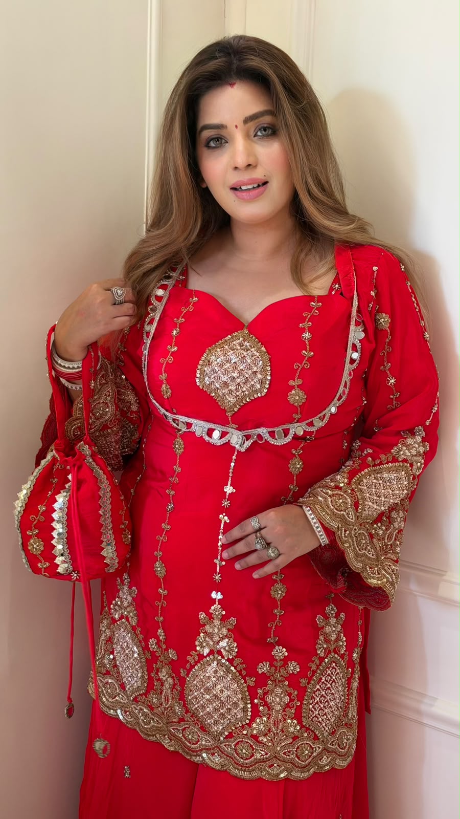 Chitrali Chinnon Bustier Plazo Set- Red
