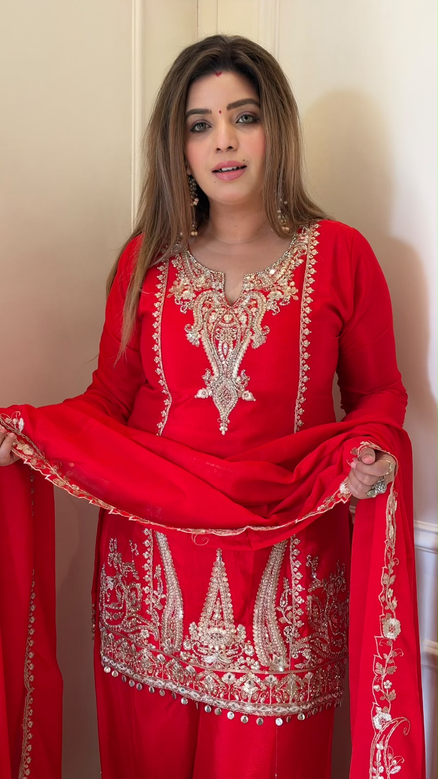 Dhanvi Chinnon Plazo Suit Set- Red