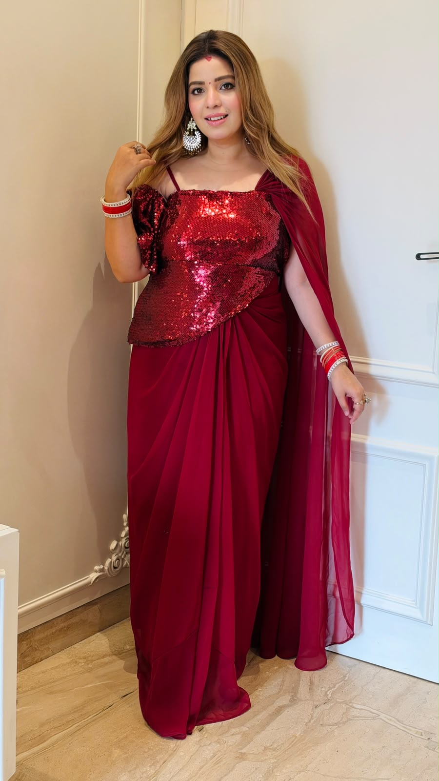 Jivisha Georgette Drape Skirt Saree- Red