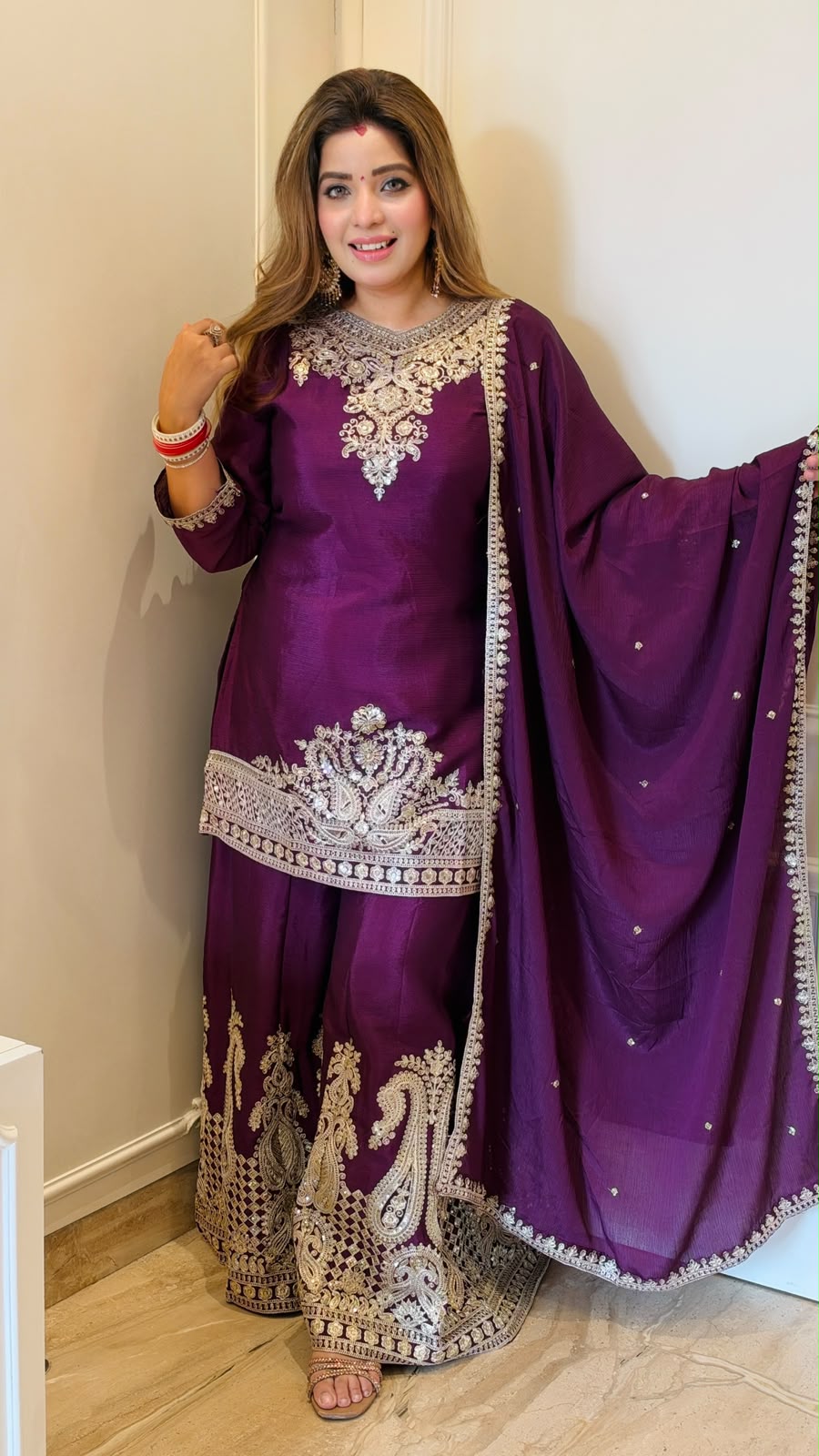 Khyati Chinnon Sharara Suit Set- Purple