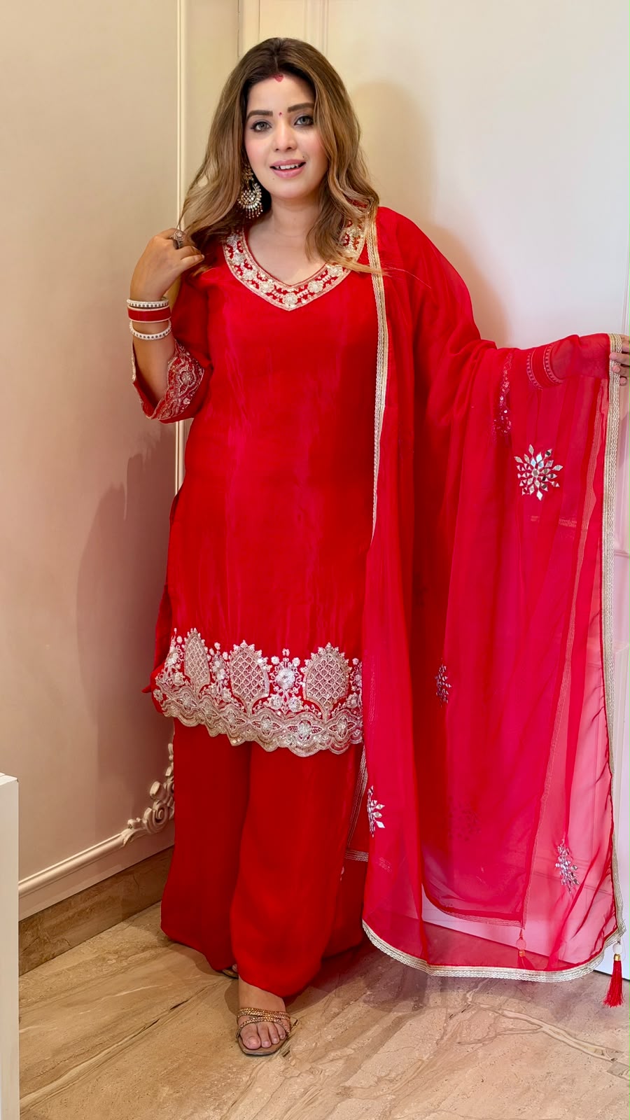 Lekhya Crepe Plazo Suit Set- Red, Pink