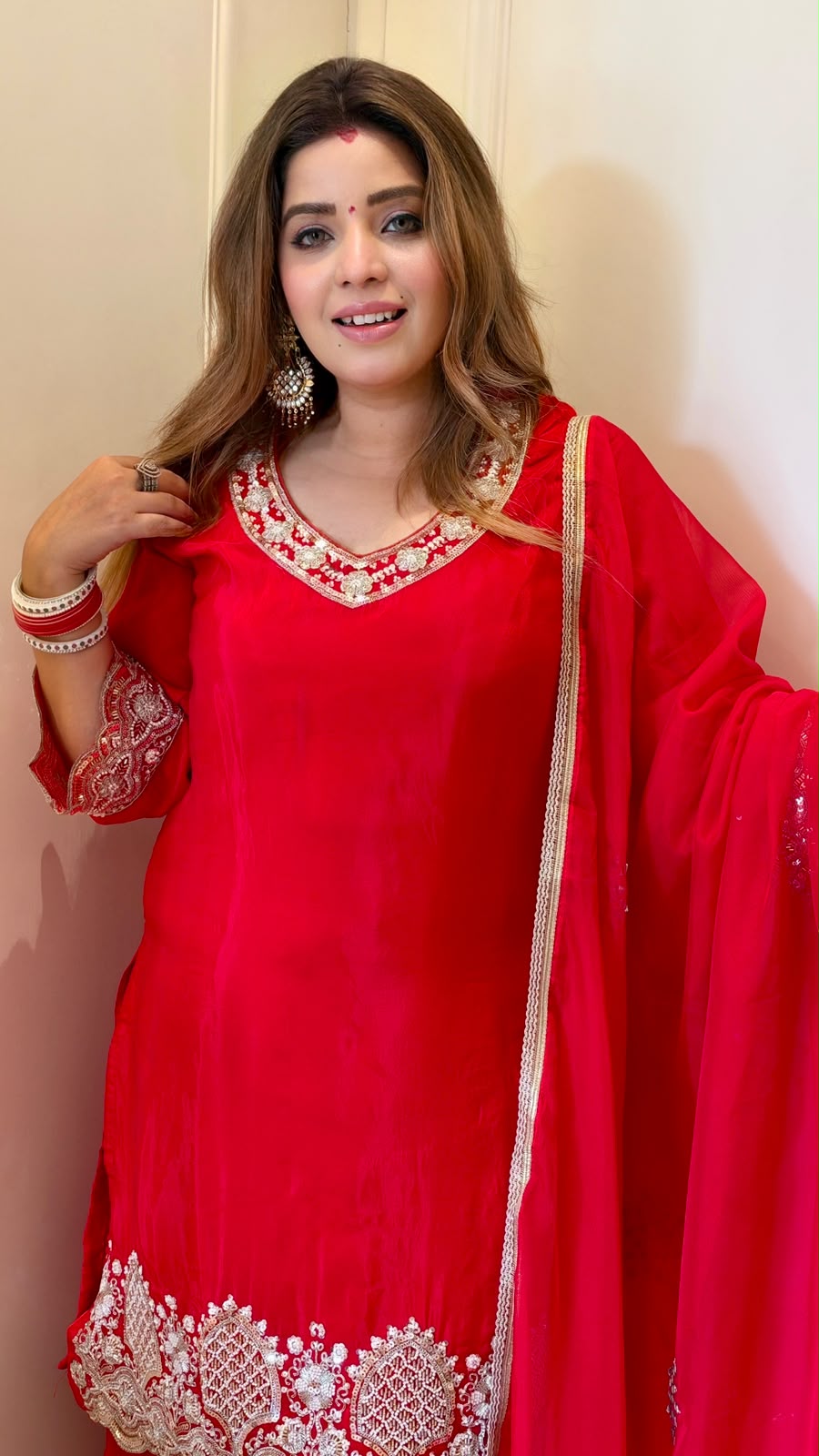 Lekhya Crepe Plazo Suit Set- Red, Pink