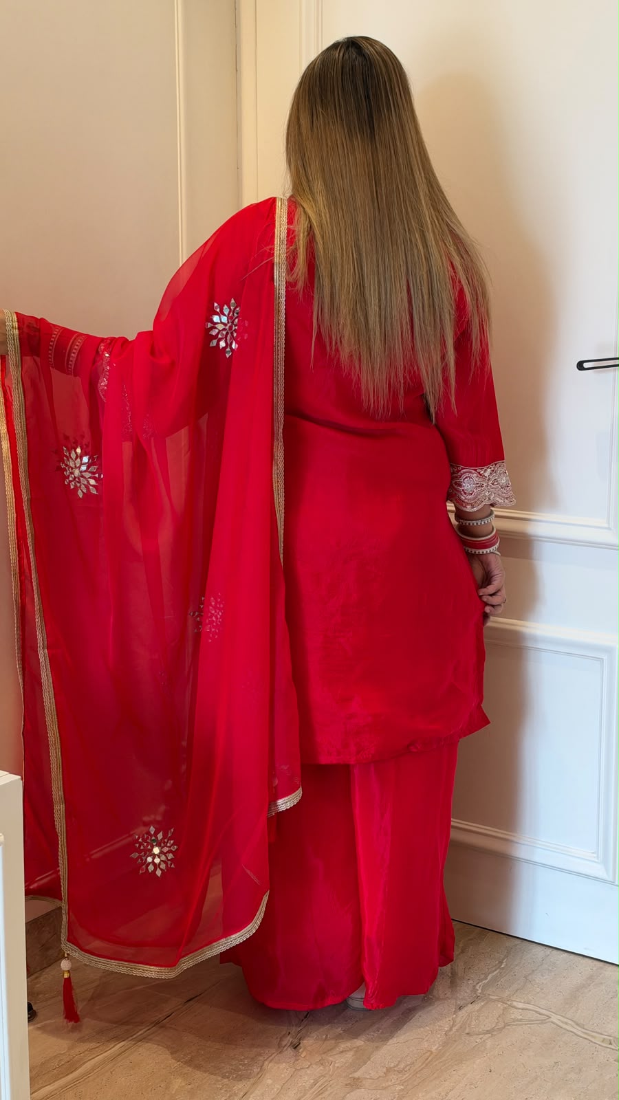 Lekhya Crepe Plazo Suit Set- Red, Pink