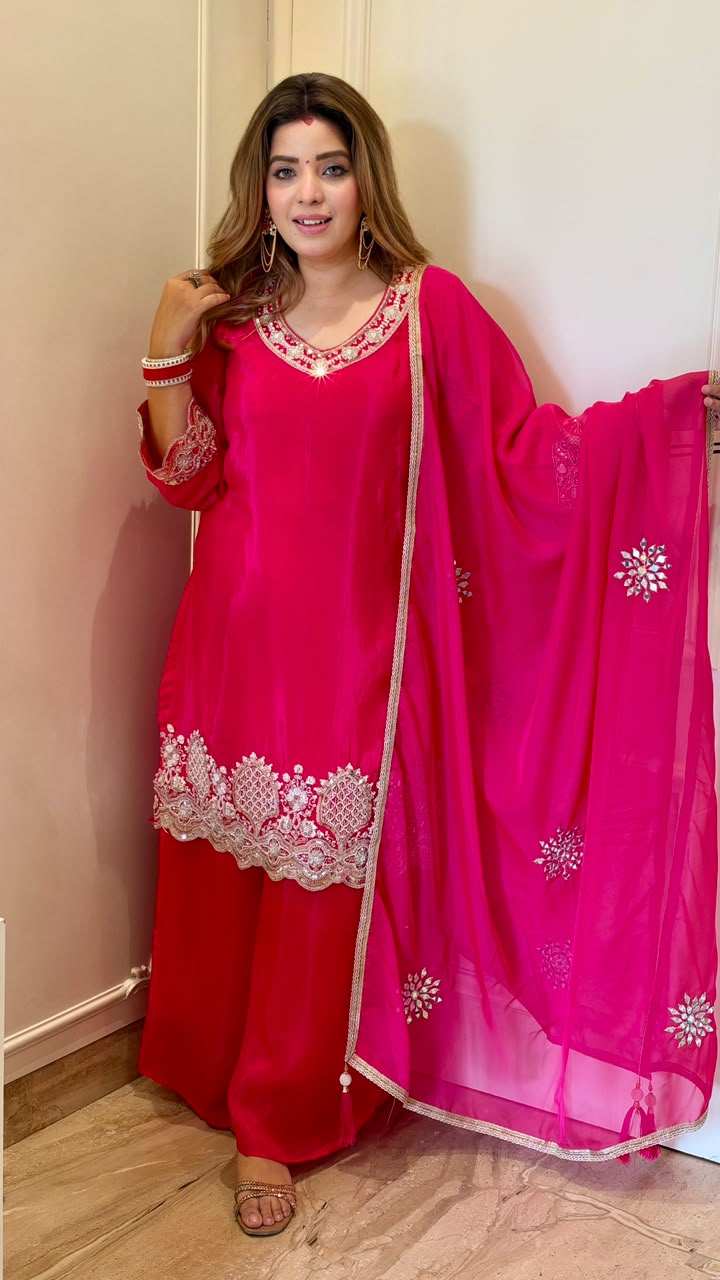 Lekhya Crepe Plazo Suit Set- Red, Pink