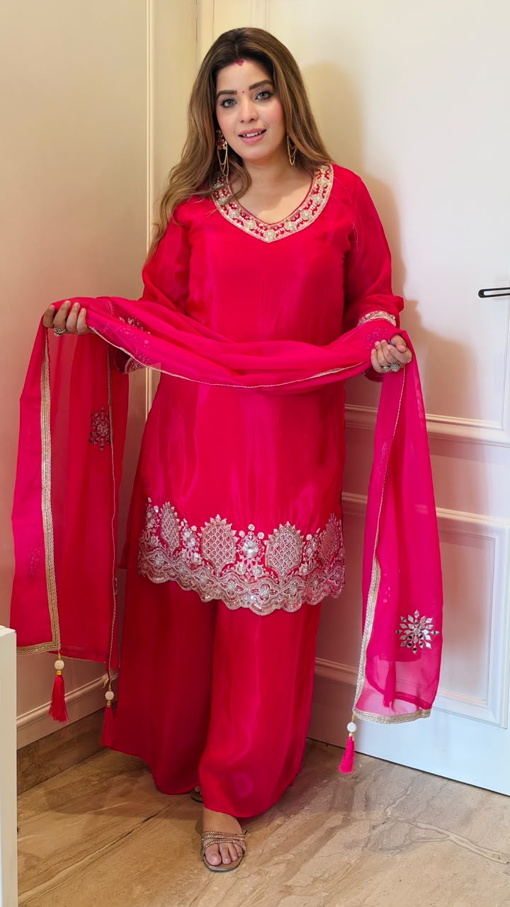 Lekhya Crepe Plazo Suit Set- Red, Pink