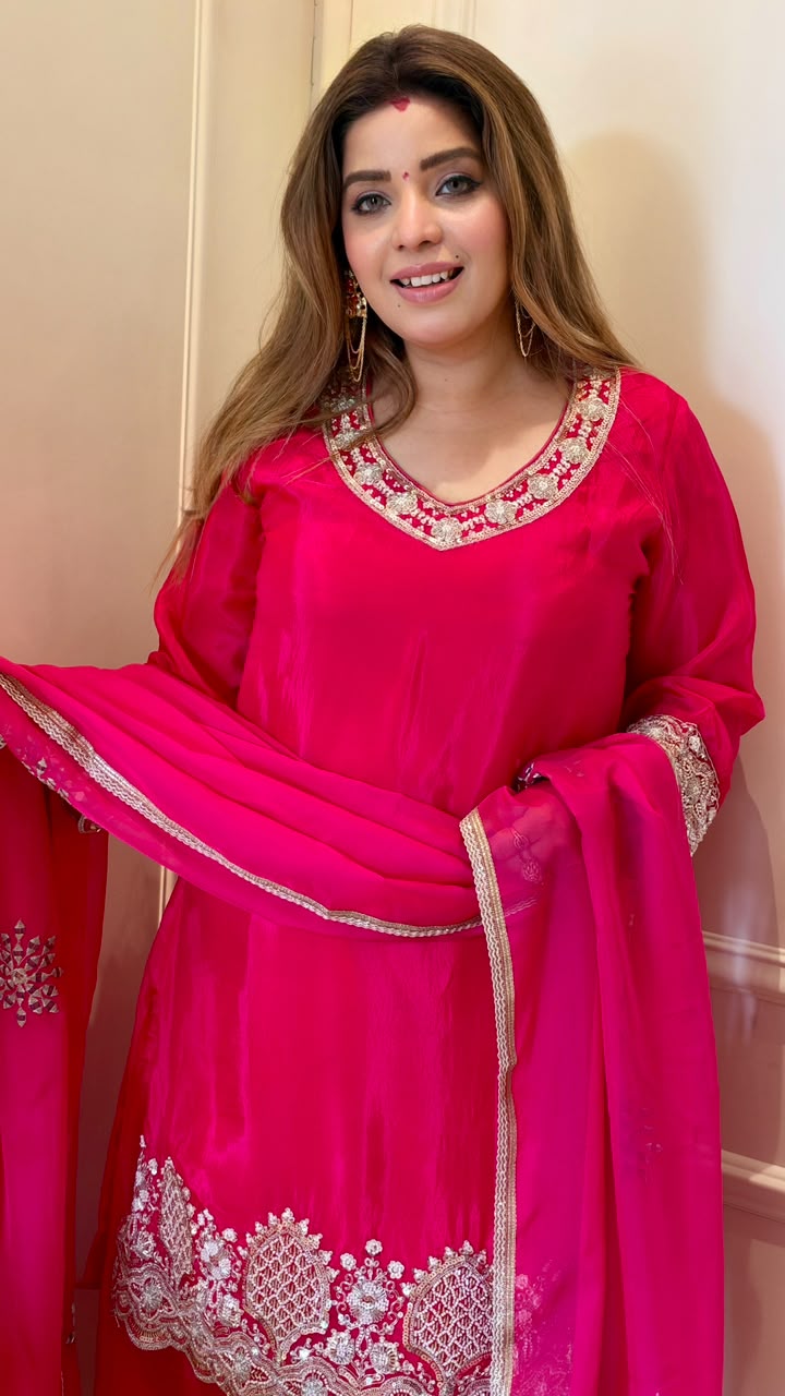 Lekhya Crepe Plazo Suit Set- Red, Pink
