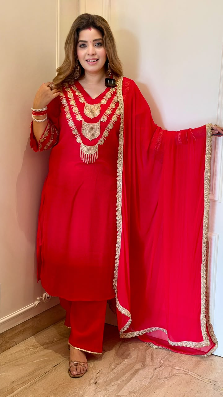 Arundhati Chinnon Suit Set- Red, Purple