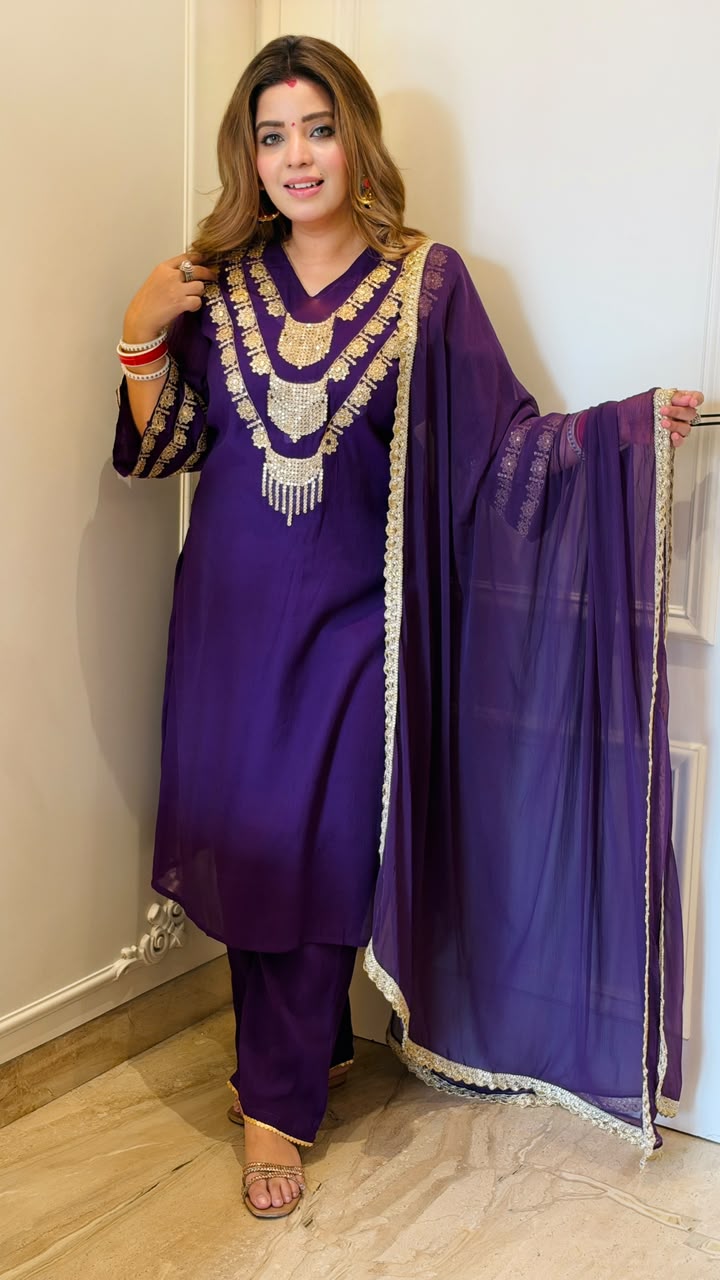 Arundhati Chinnon Suit Set- Red, Purple