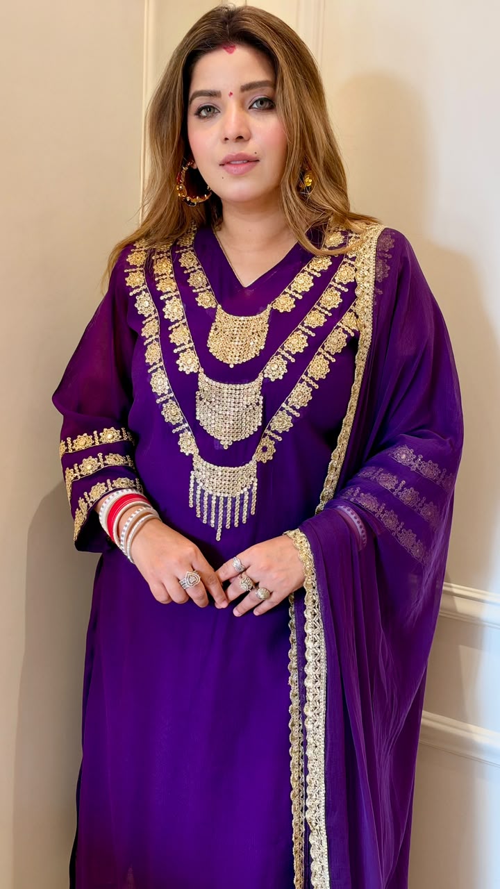 Arundhati Chinnon Suit Set- Red, Purple