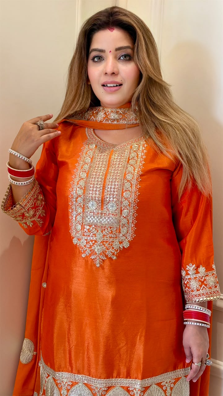 Indrani Chinnon Plazo Suit Set- Orange