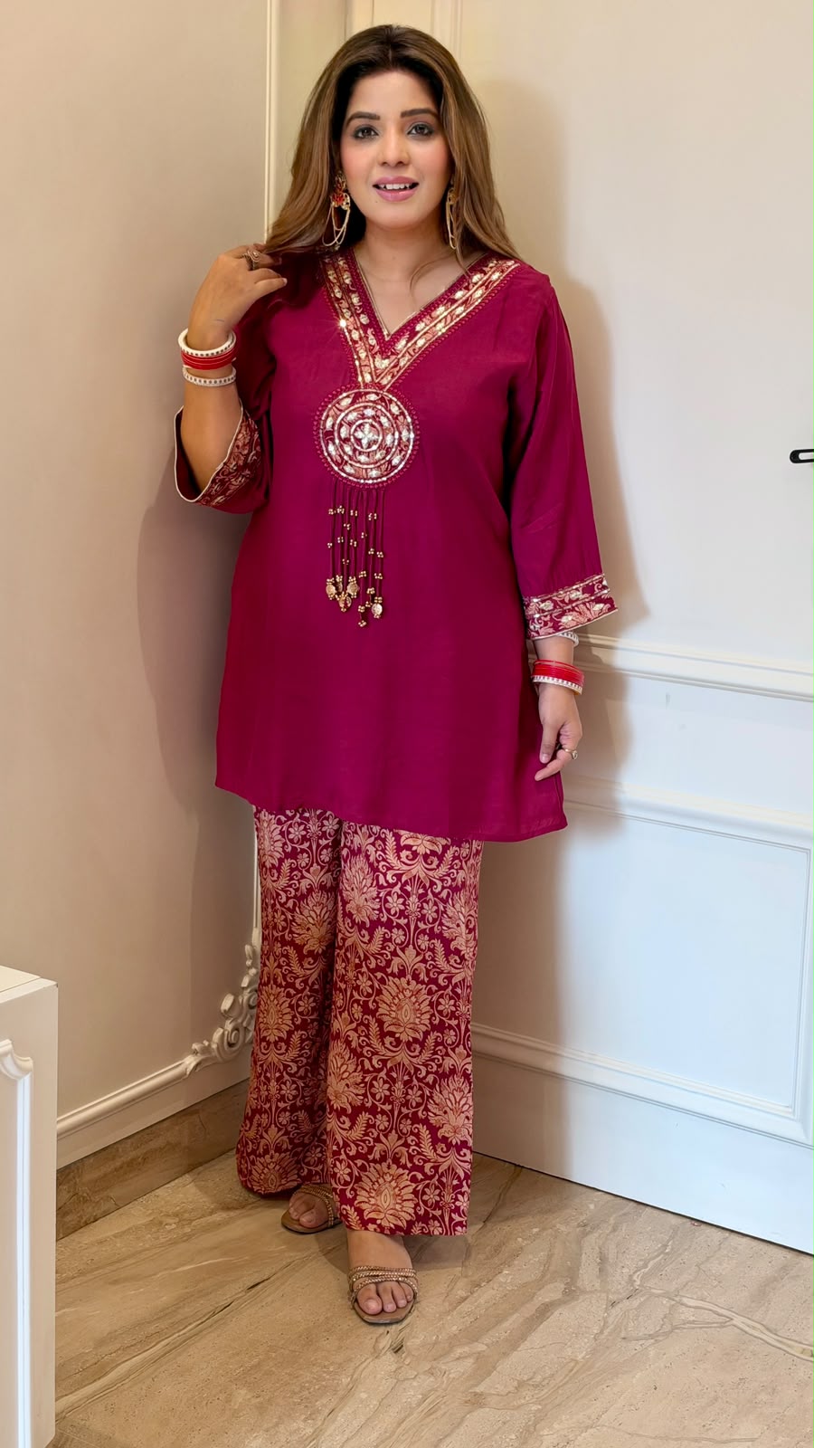 Kalyani Maslin Bell-Bottom Suit Set- Pink, Purple