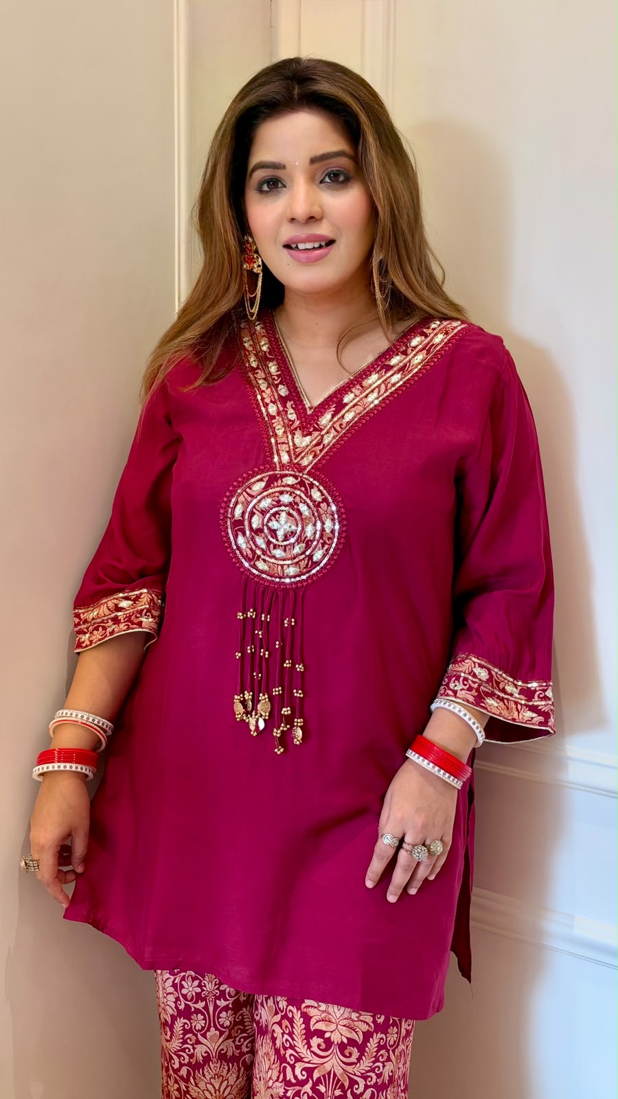 Kalyani Maslin Bell-Bottom Suit Set- Pink, Purple