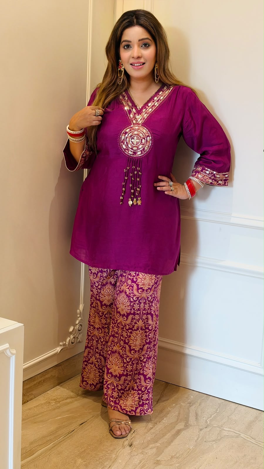Kalyani Maslin Bell-Bottom Suit Set- Pink, Purple