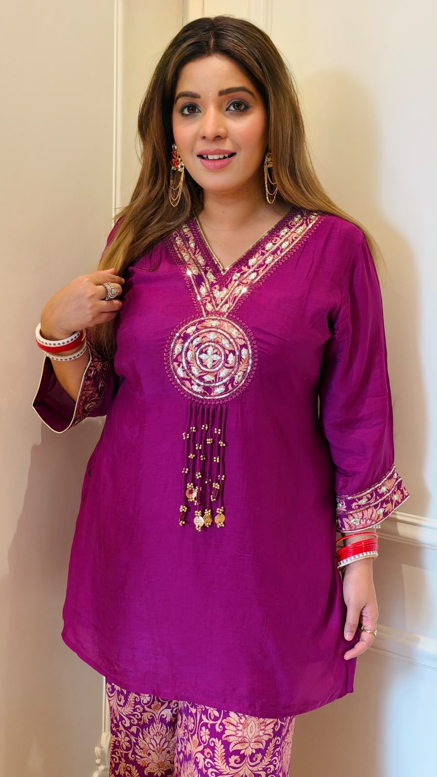 Kalyani Maslin Bell-Bottom Suit Set- Pink, Purple