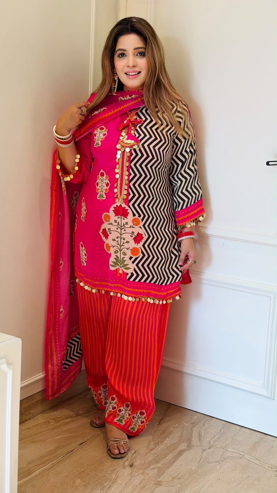 Mrinalini Crepe Suit Set- Pink, Purple