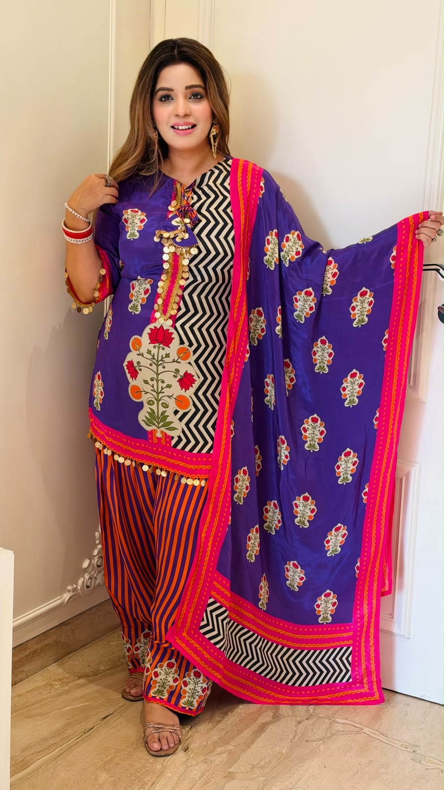 Mrinalini Crepe Suit Set- Pink, Purple