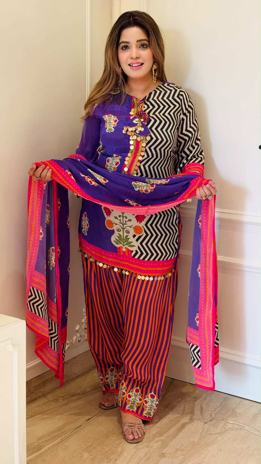 Mrinalini Crepe Suit Set- Pink, Purple