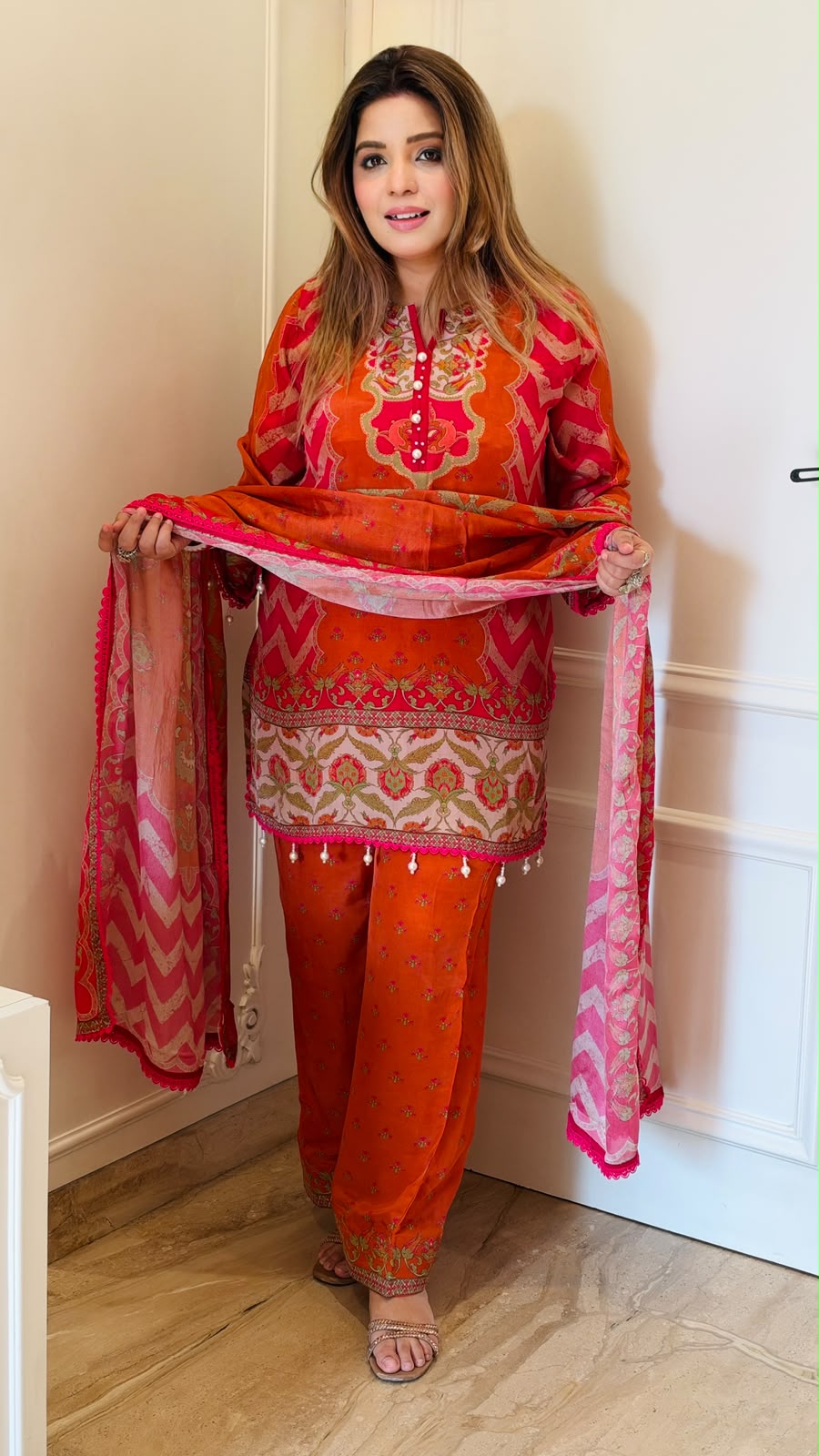 Narmada Crepe Suit Set- Orange