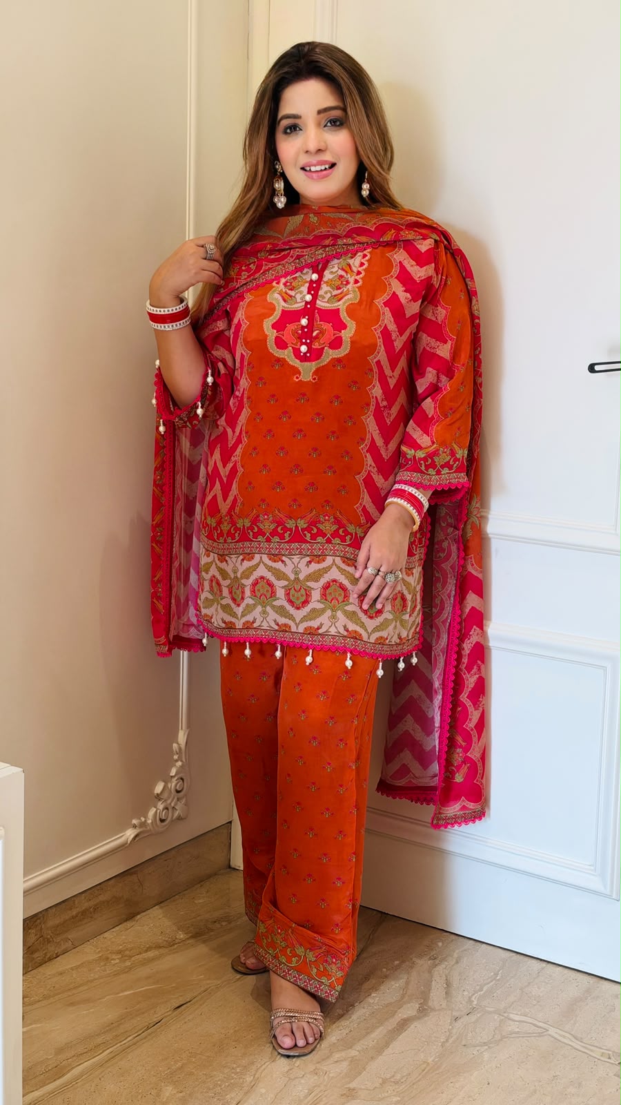 Narmada Crepe Suit Set- Orange