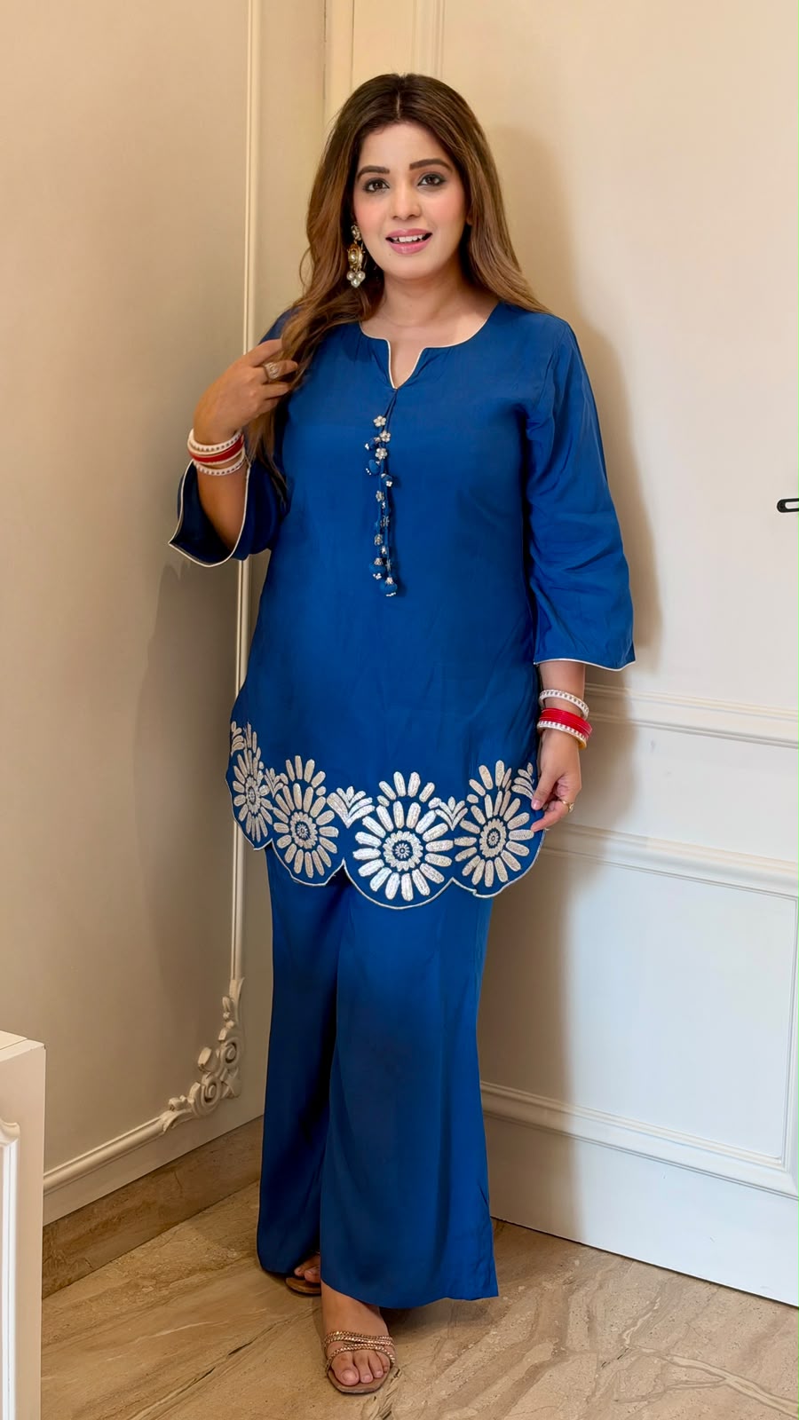 Revati Maslin Bell-Bottom Suit Set- Blue