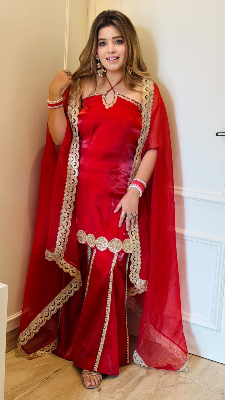 Jiya Roman Silk Off-Shoulder Cape Dress- Red