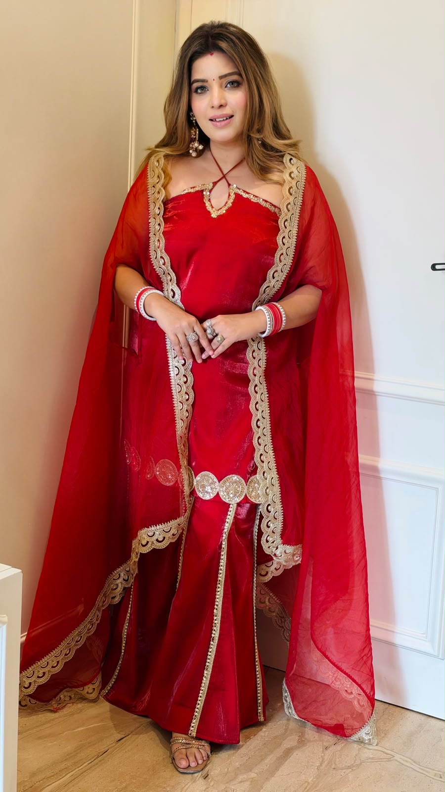 Jiya Roman Silk Off-Shoulder Cape Dress- Red