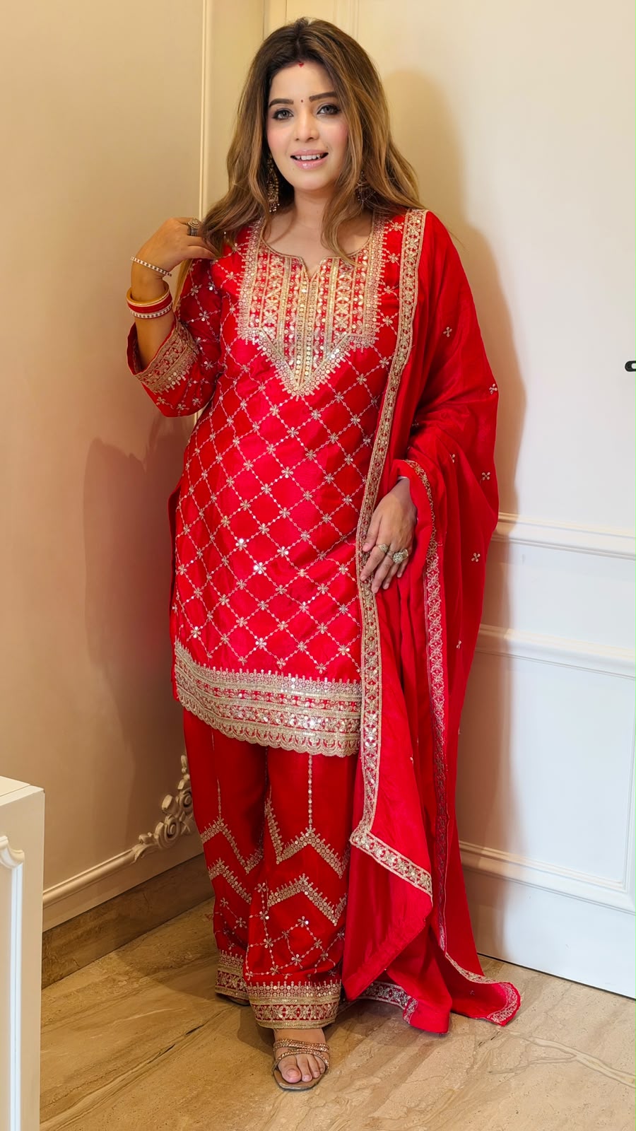 Lavi Chinnon Palazzo Suit Set- Red, Pink