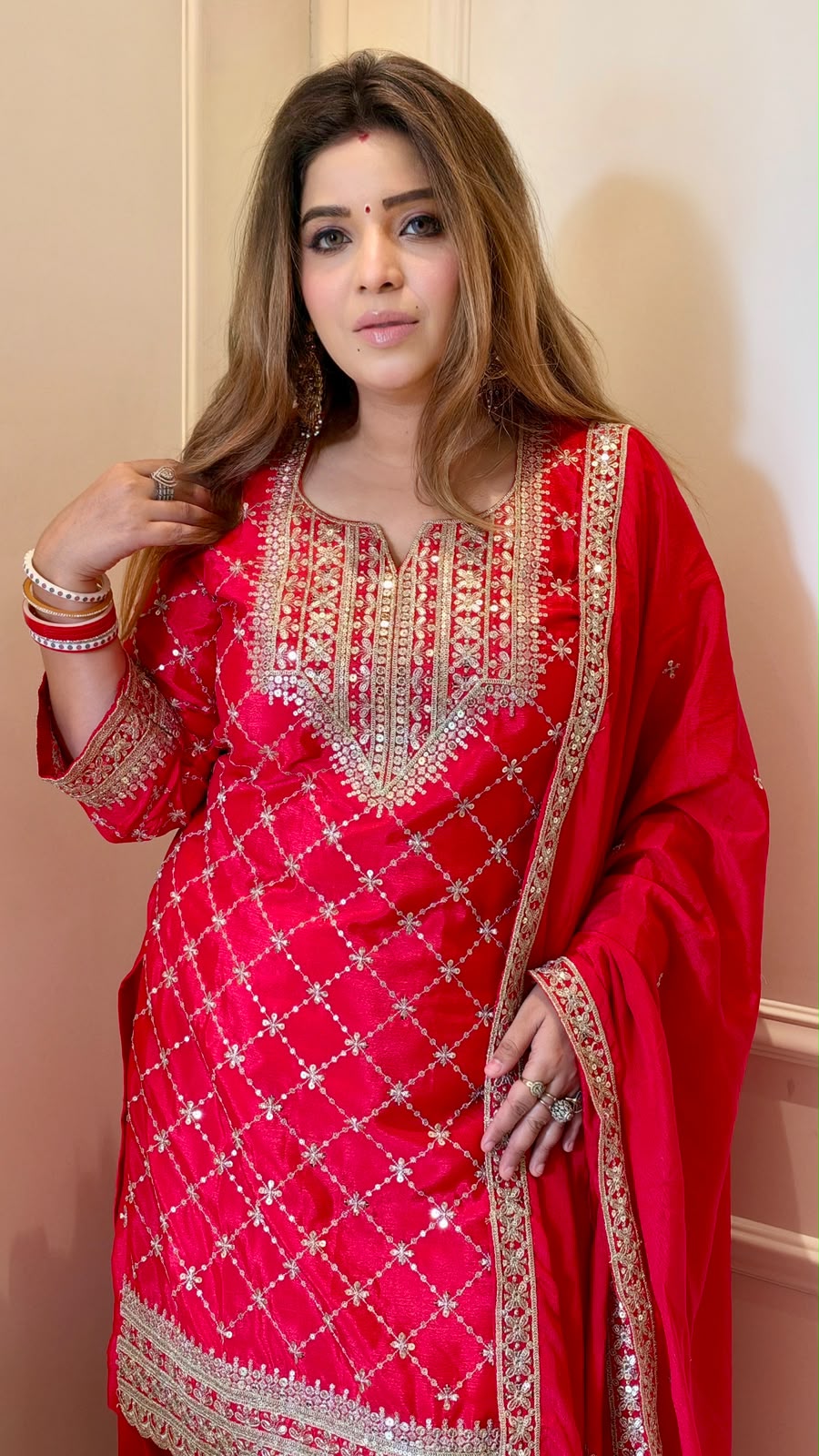 Lavi Chinnon Palazzo Suit Set- Red, Pink