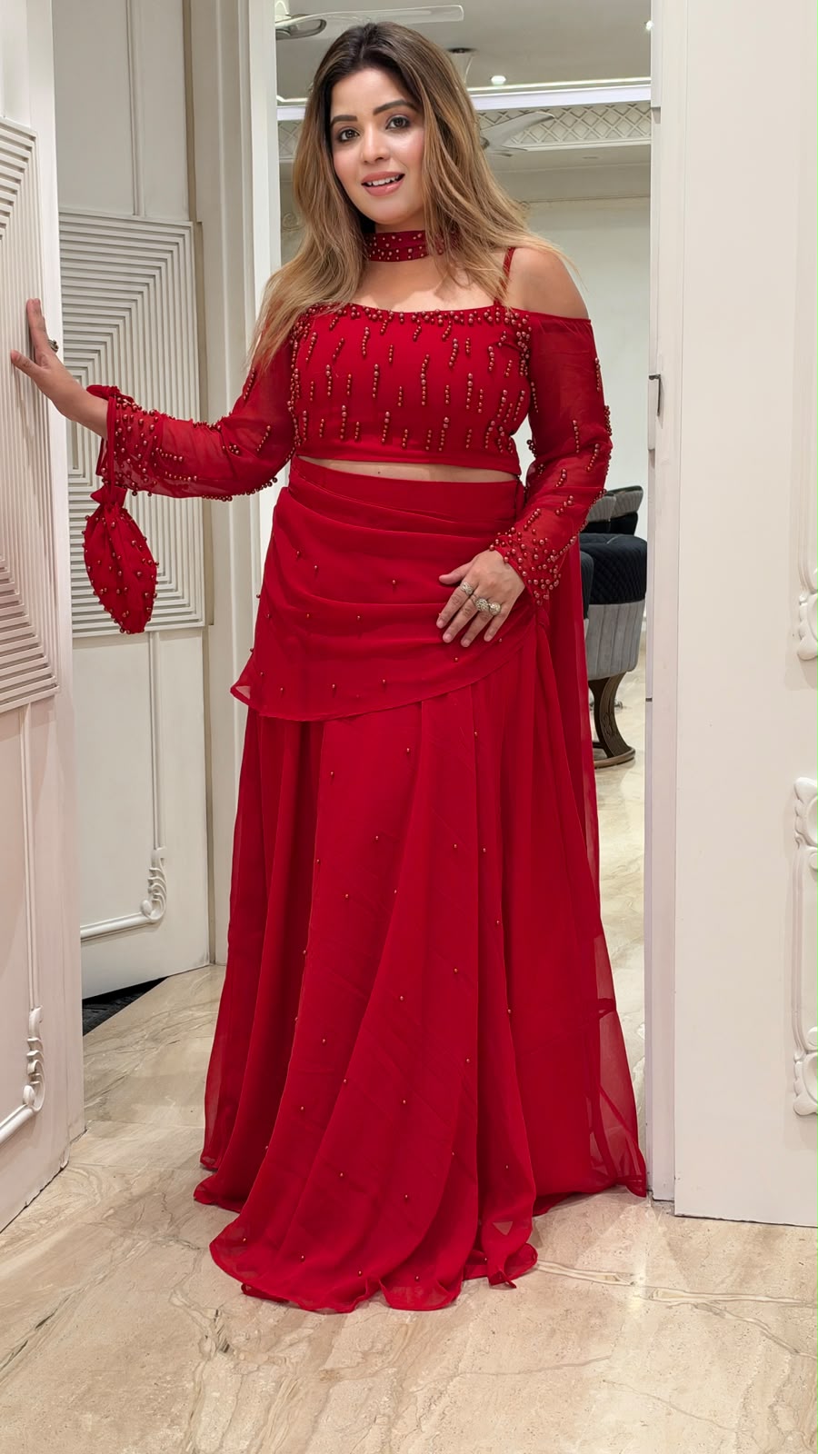 Savi Georgette Lehenga Drape Saree- Red