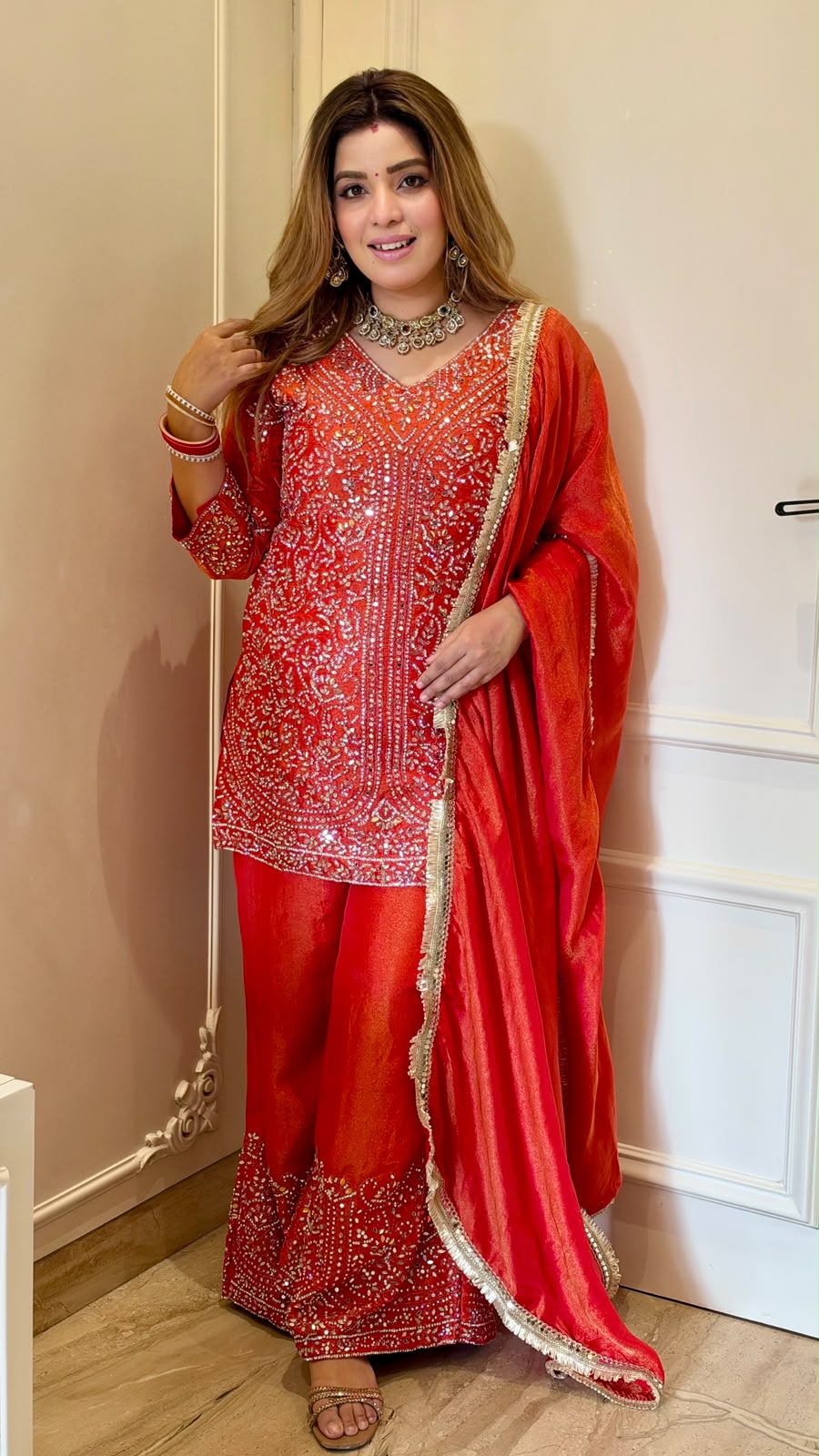 Tanu Shimmer Bell-Bottom Suit Set- Orange