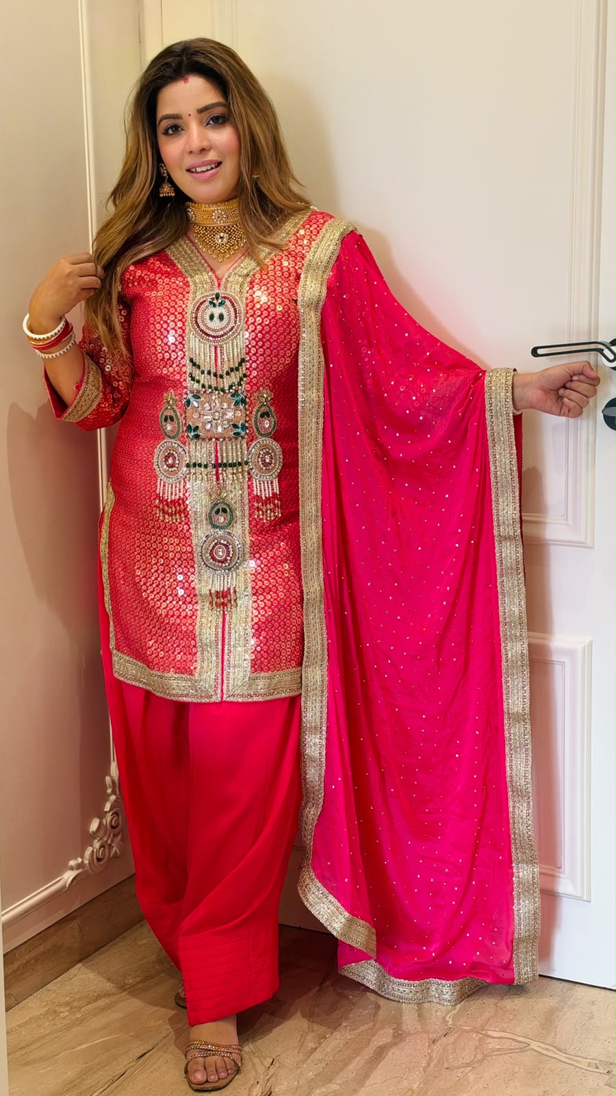 Vini Crepe Farshi Salwar Suit Set- Pink, Red