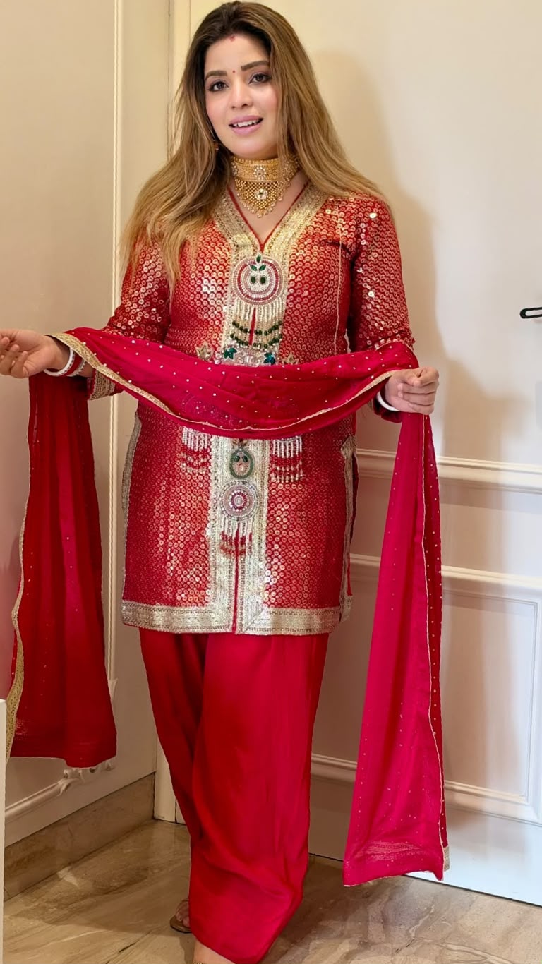 Vini Crepe Farshi Salwar Suit Set- Pink, Red