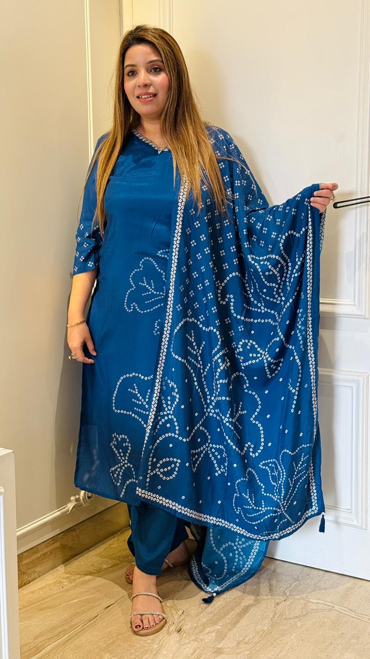 Noor Bandhej Suit Set- Red, Blue