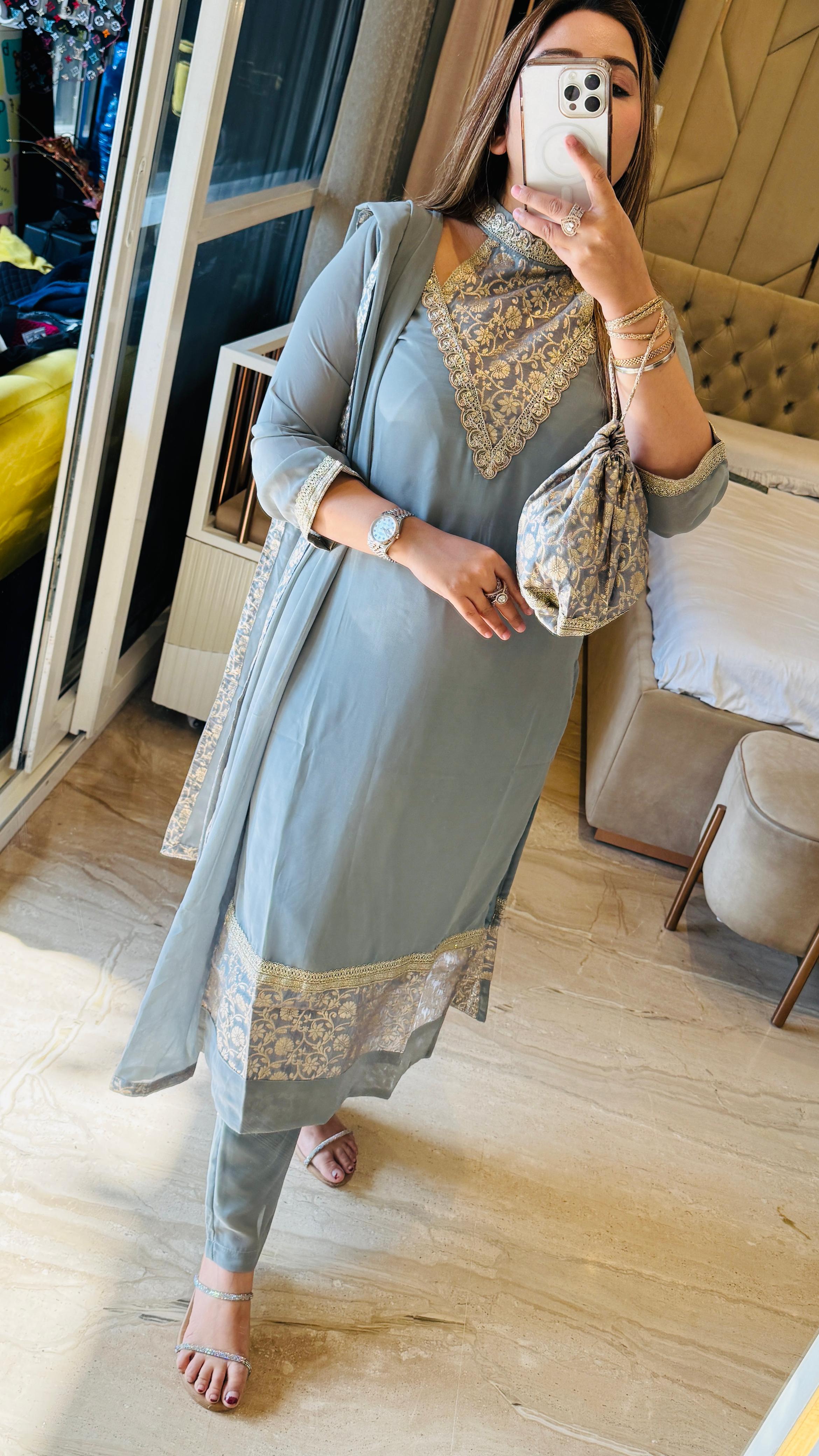 Pink & Gray Aarohi Brocade Suit Set