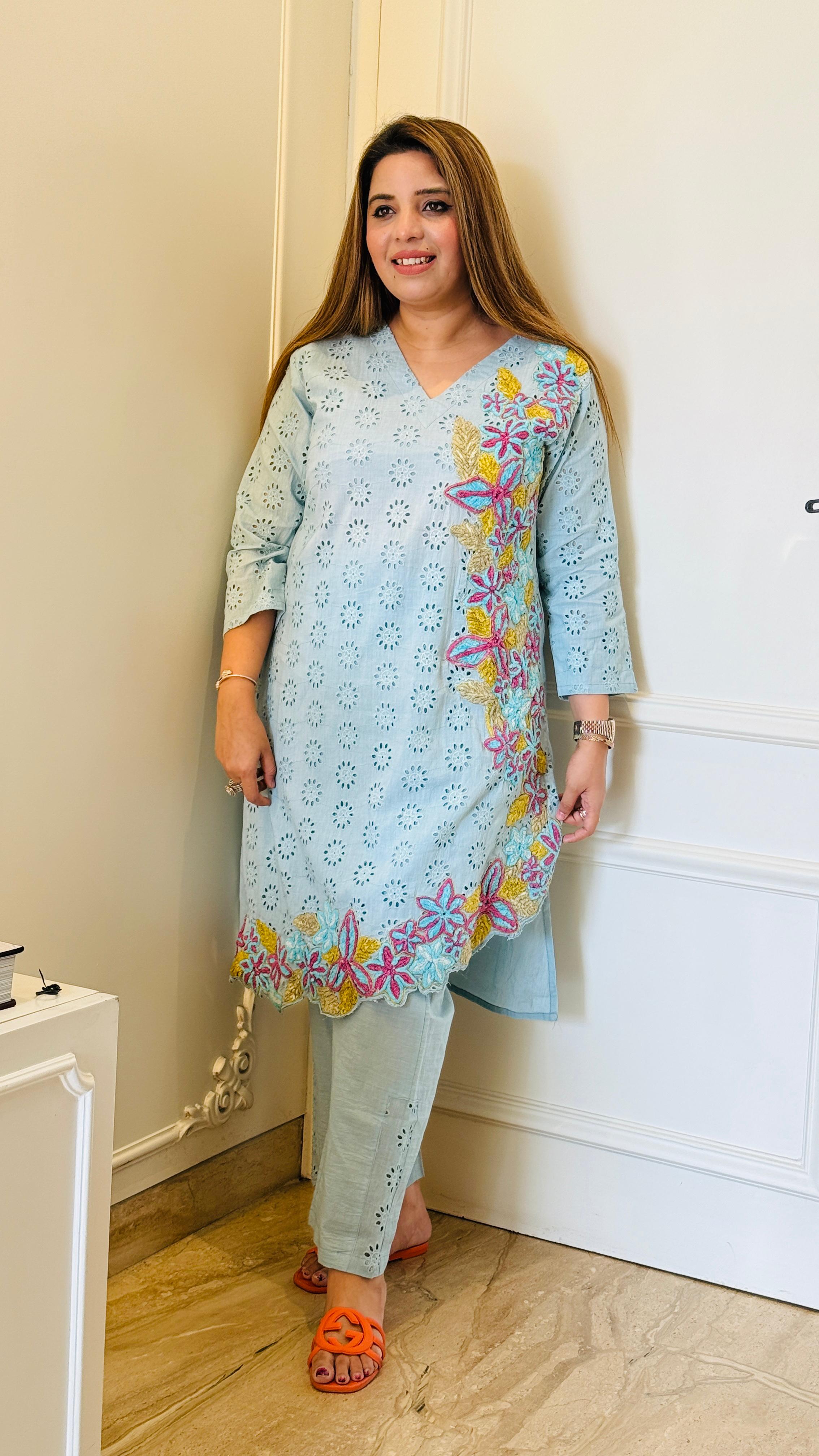 Sky Blue Graceful Schiffli Co-ord Set