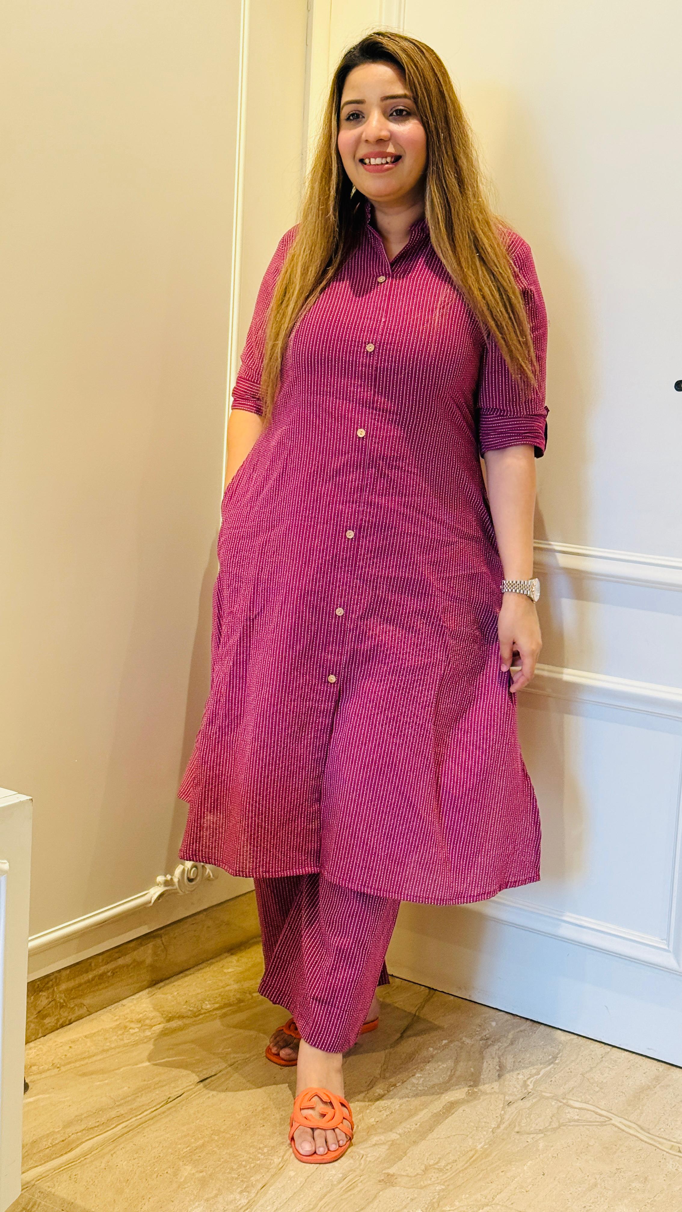 Yellow, White, Green, Purple & Navy Blue A-Line Cotton Kurta