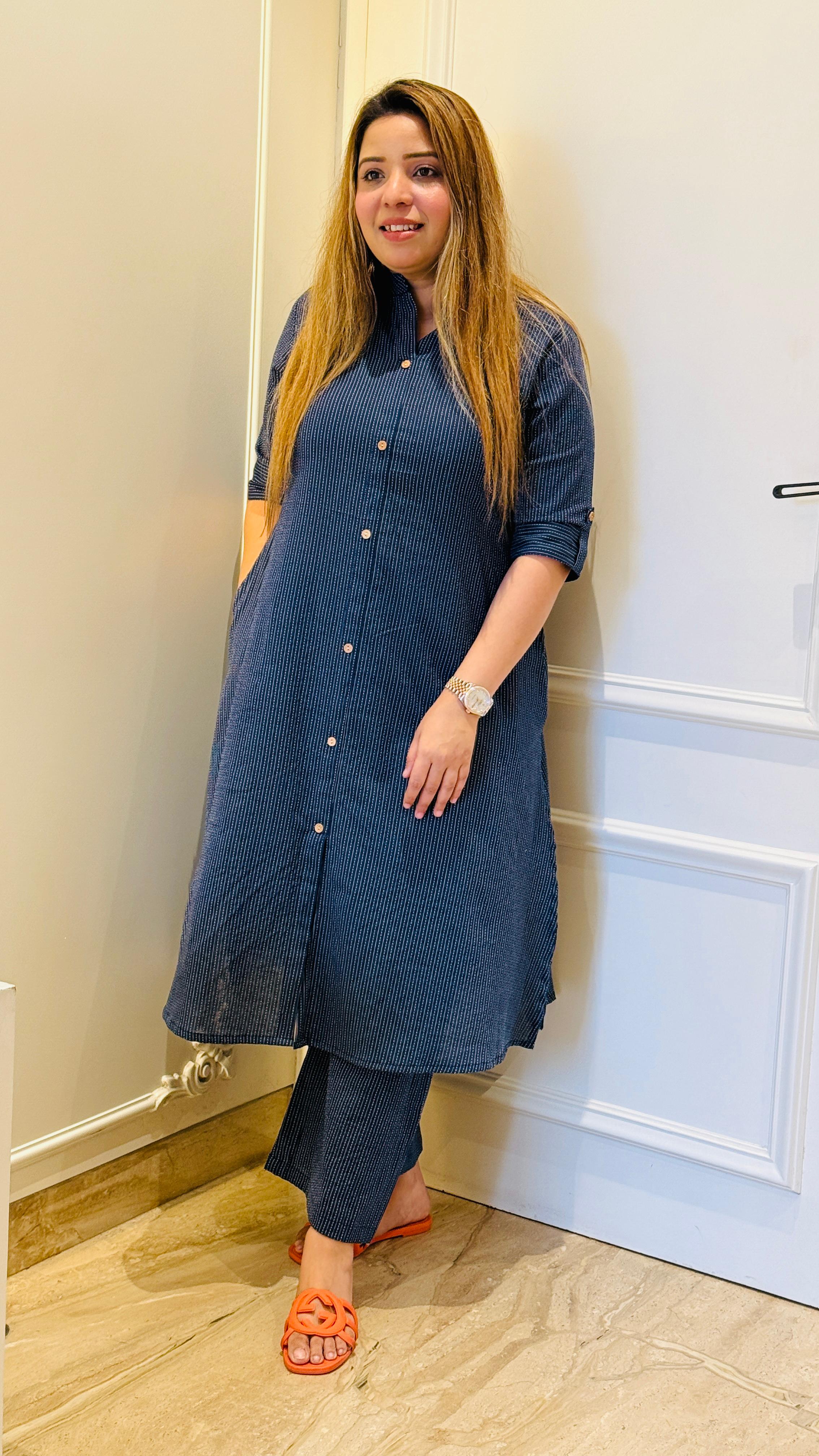 Yellow, White, Green, Purple & Navy Blue A-Line Cotton Kurta