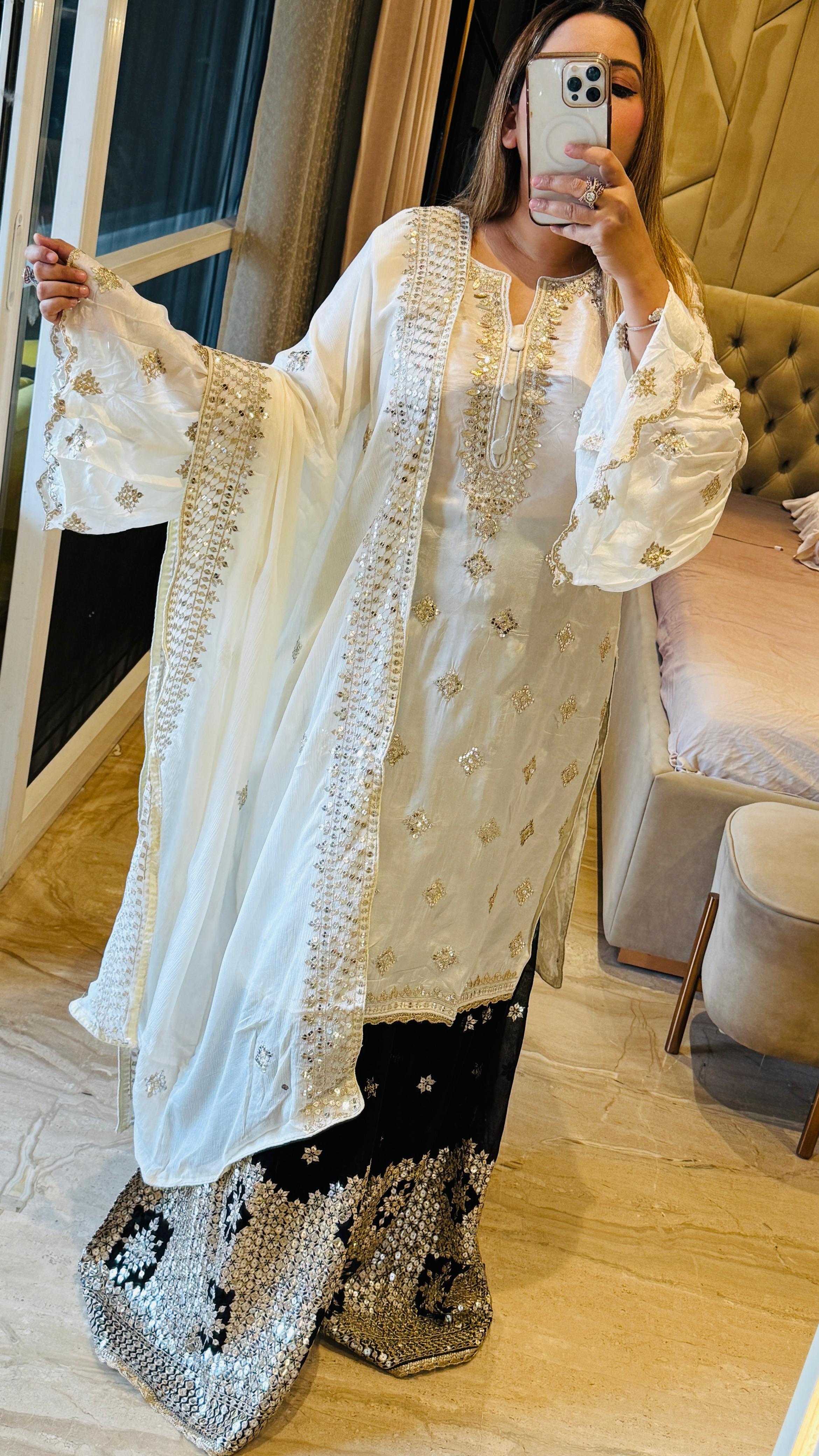 Glam Sequin Sharara Suit Set – White , Pink , Mint Green