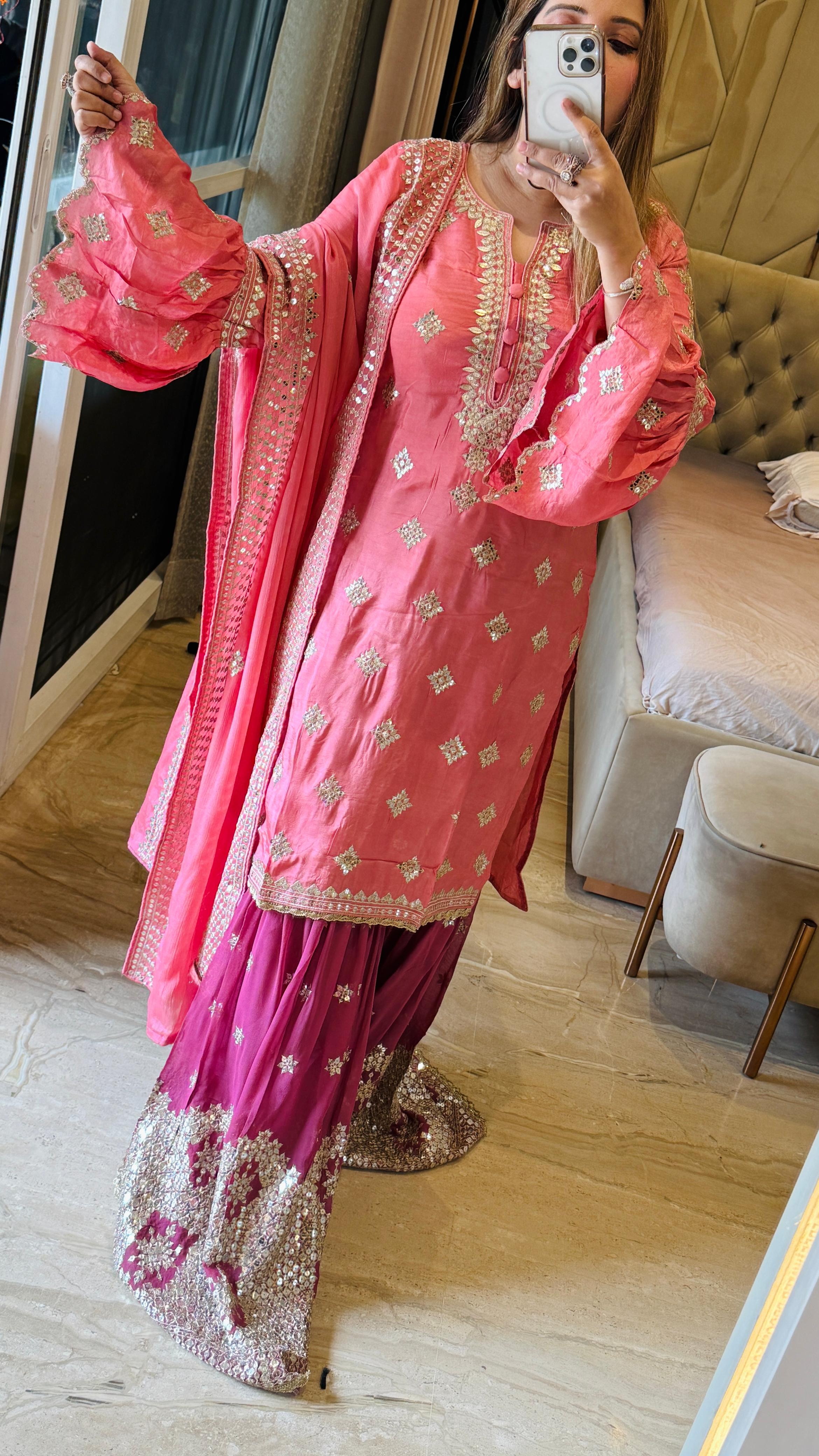 Glam Sequin Sharara Suit Set – White , Pink , Mint Green