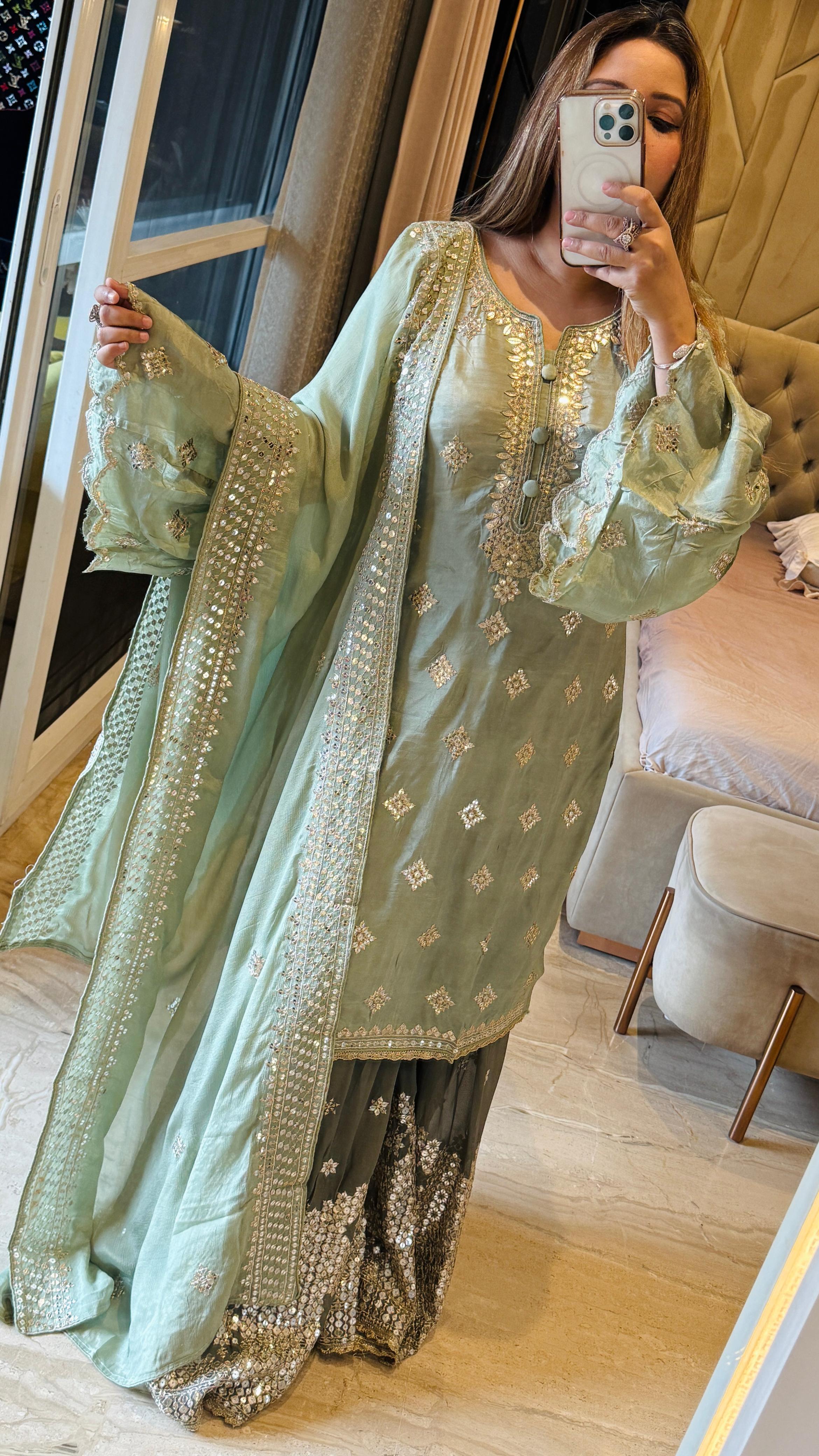 Glam Sequin Sharara Suit Set – White , Pink , Mint Green