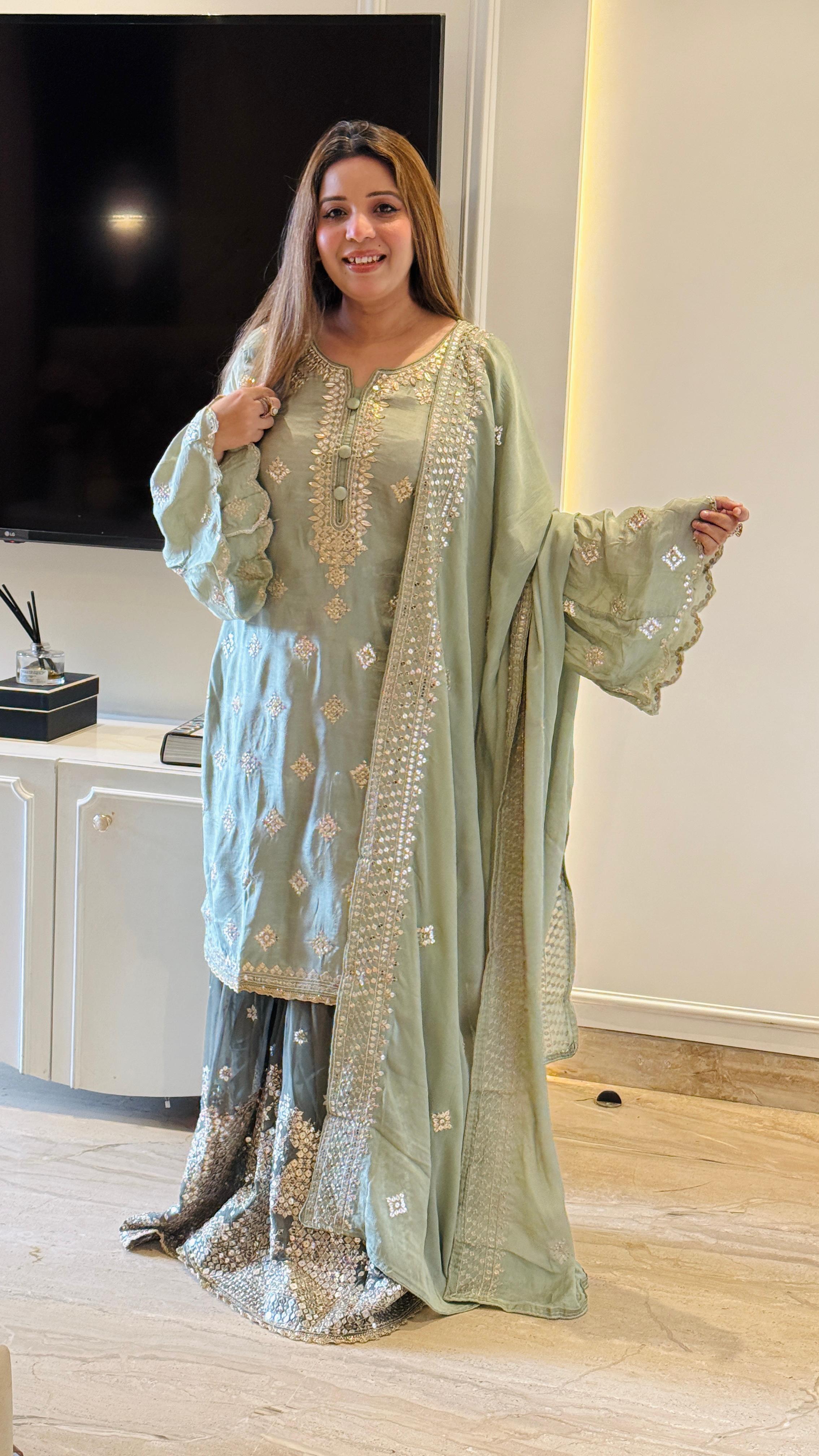 Glam Sequin Sharara Suit Set – White , Pink , Mint Green