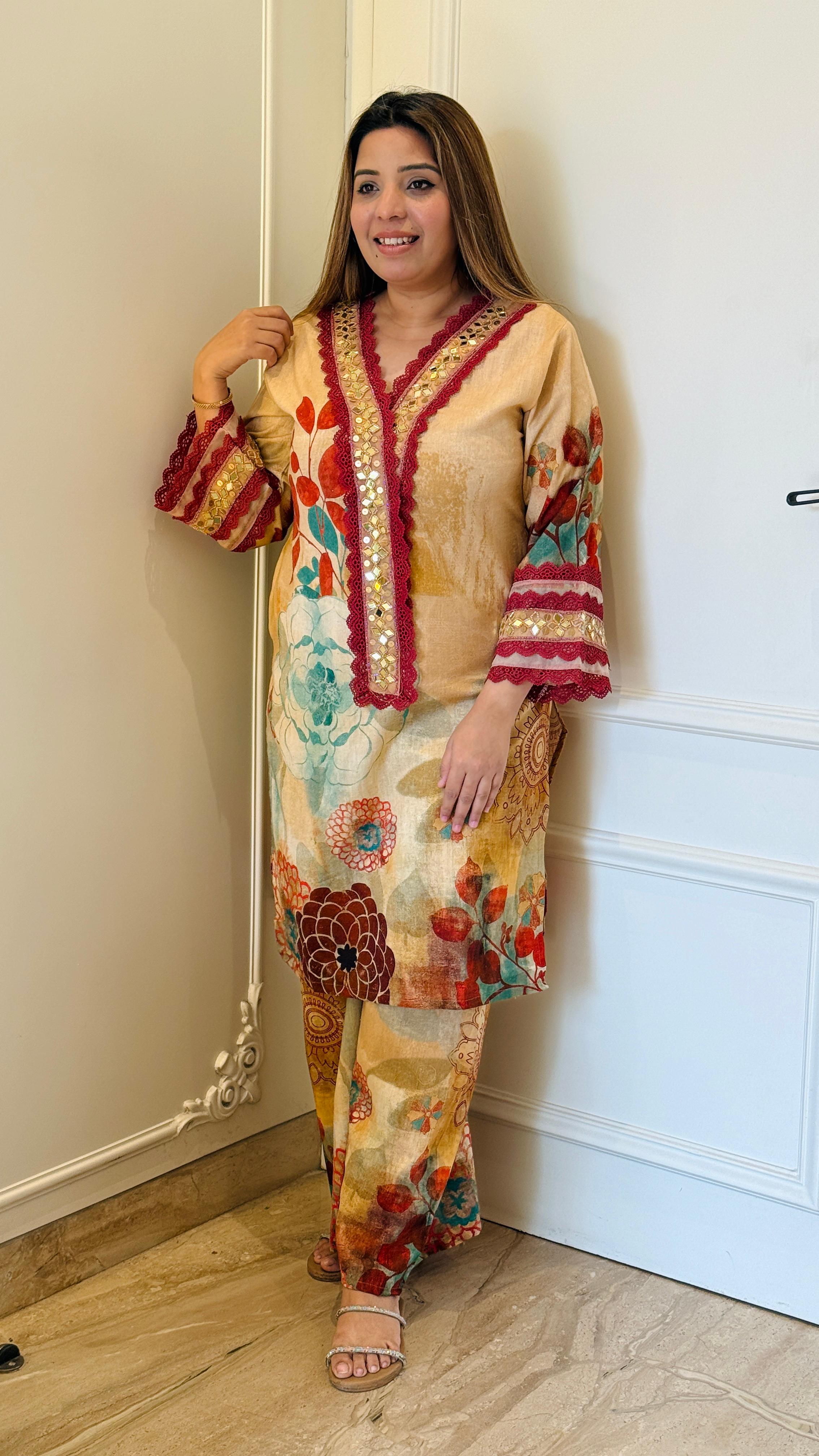 Beige  & Pink Aarvi Cotton Slub Brush Print Cordset