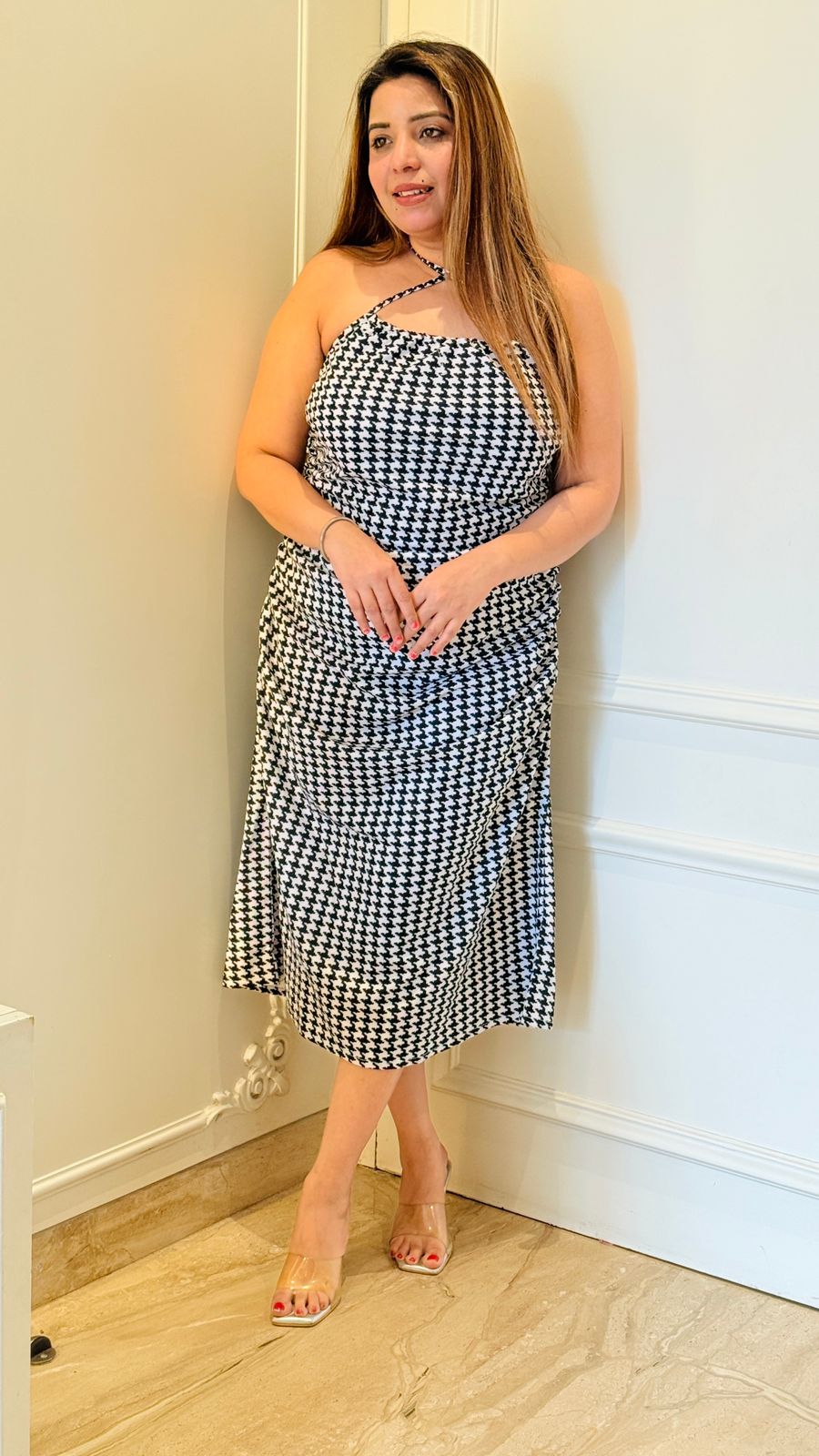 Lycra Check Dress- White