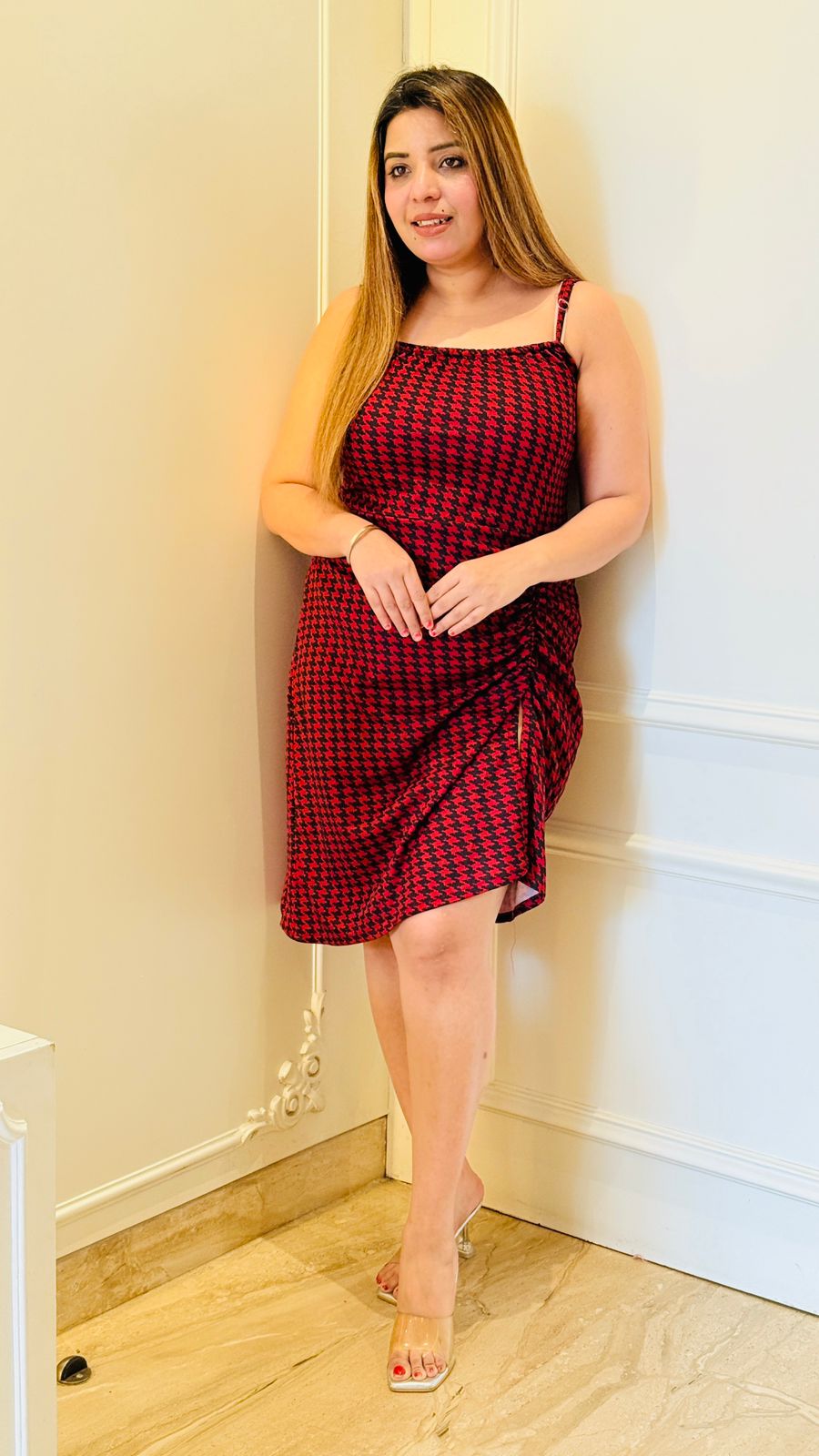 Lycra Midi Dress- White, Red